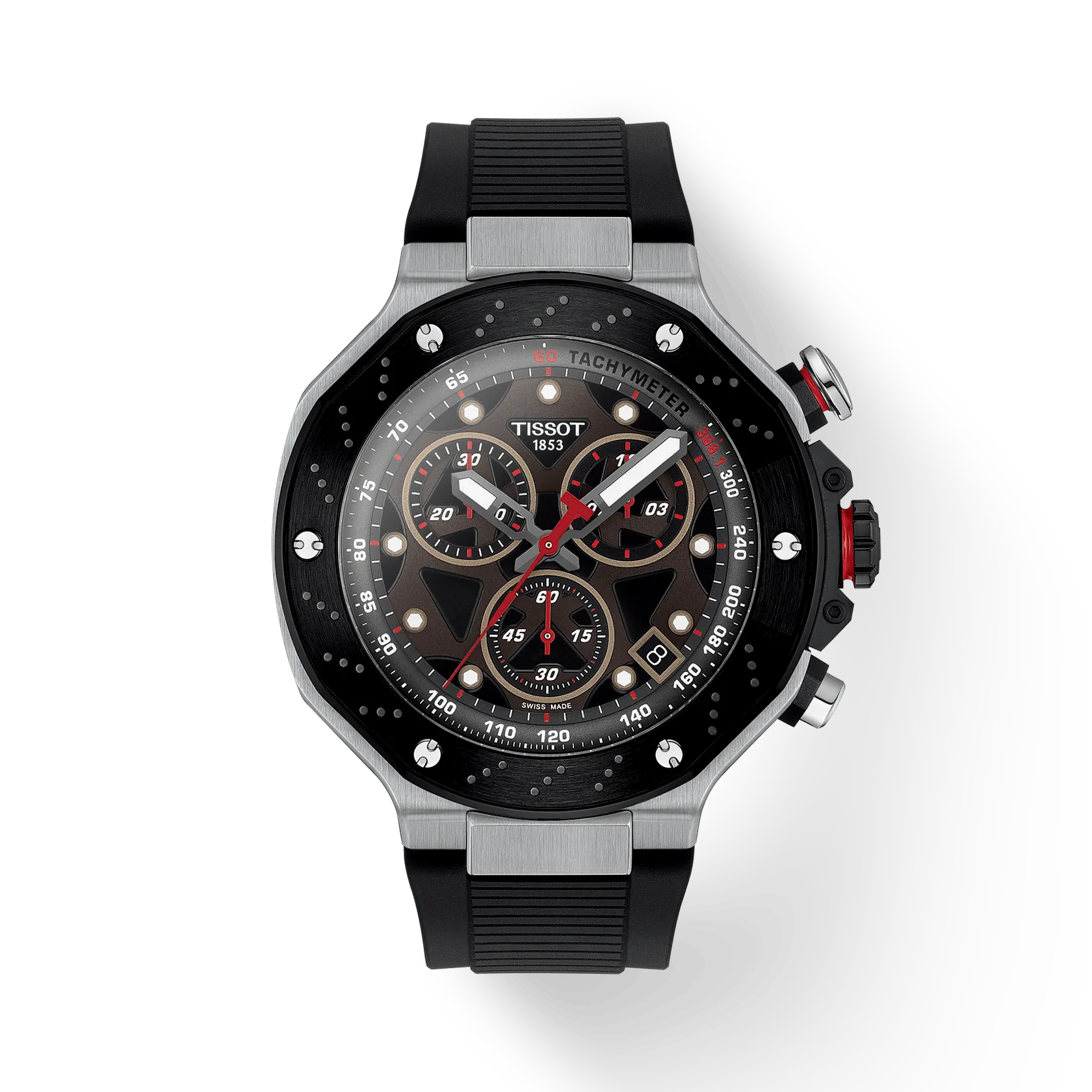 RELOJ TISSOT T-RACE MOTO GP, 2025, CUARZO, ESFERA NEGRA, BRAZALETE DE CAUCHO NEGRO, EDICICÓN ESPECIAL, CRONCÓGRAFO, 45 MM