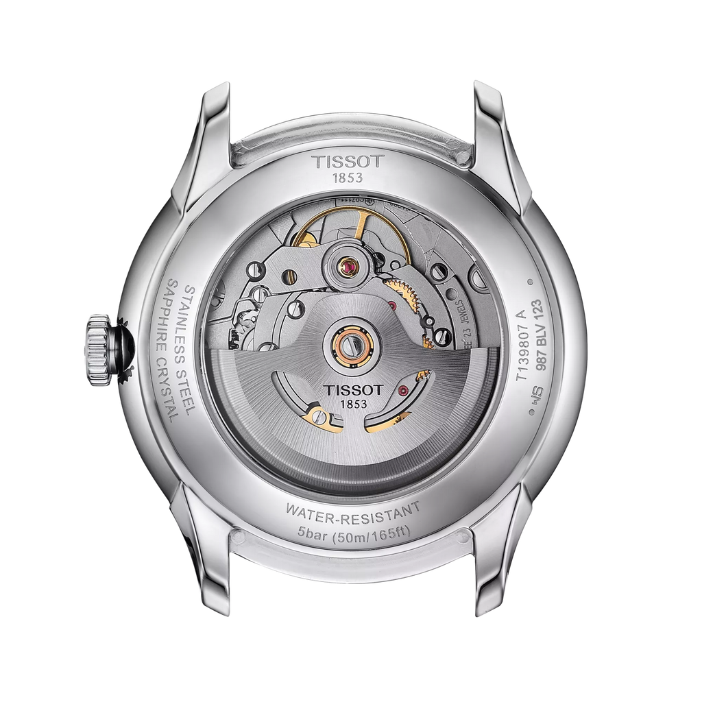 RELOJ TISSOT CHEMIN DES TOURELLES, AUTOMCÁTICO, ESFERA GRIS, BRAZALETE DE ACERO, FECHA, 39 MM