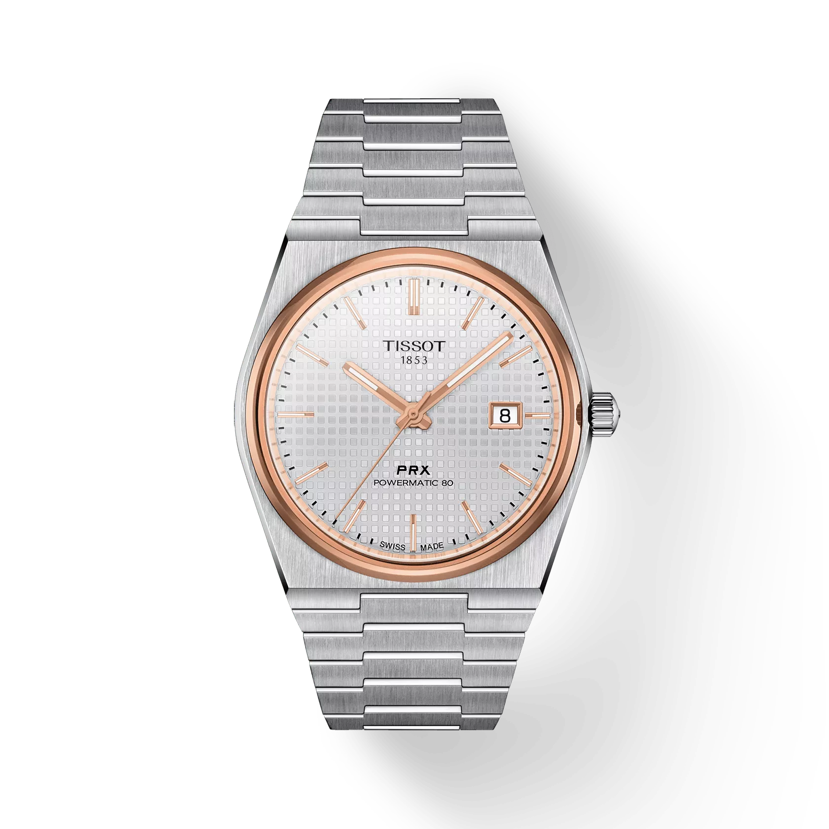 RELOJ TISSOT PRX, AUTOMCÁTICO, ESFERA GRIS, BRAZALETE DE ACERO, FECHA, 40 MM