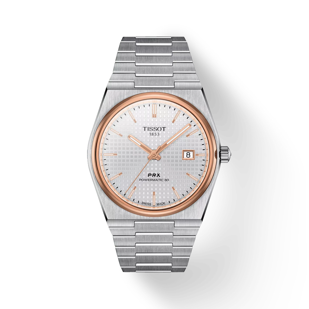 RELOJ TISSOT PRX, AUTOMCÁTICO, ESFERA GRIS, BRAZALETE DE ACERO, FECHA, 40 MM