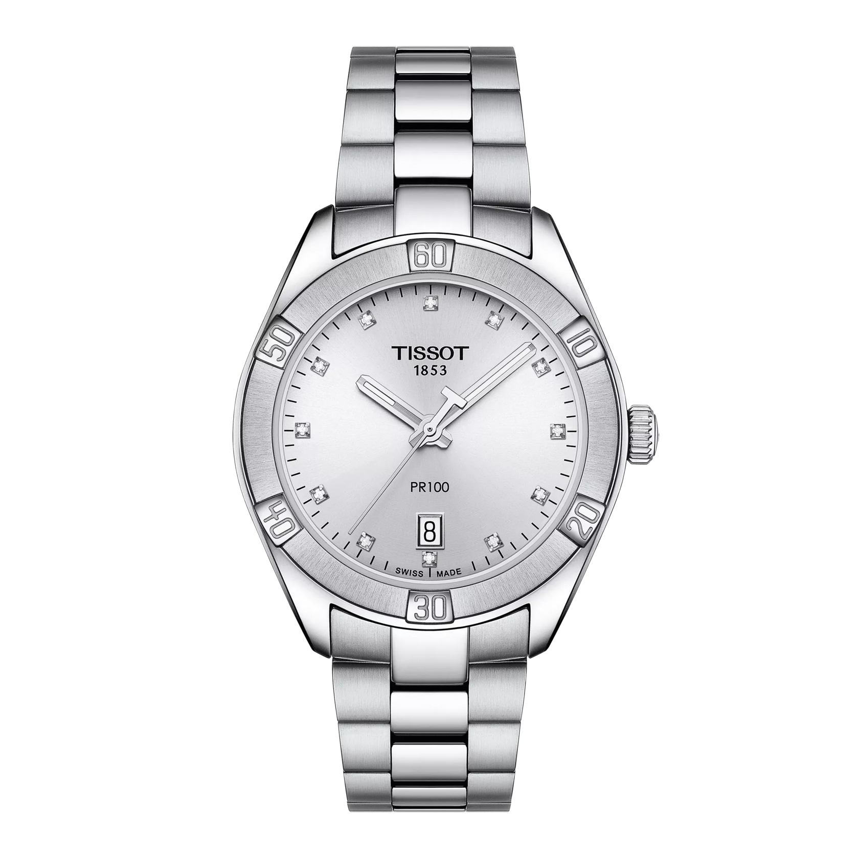 RELOJ TISSOT PR 100, CUARZO, ESFERA GRIS, BRAZALETE DE ACERO, FECHA, 36 MM