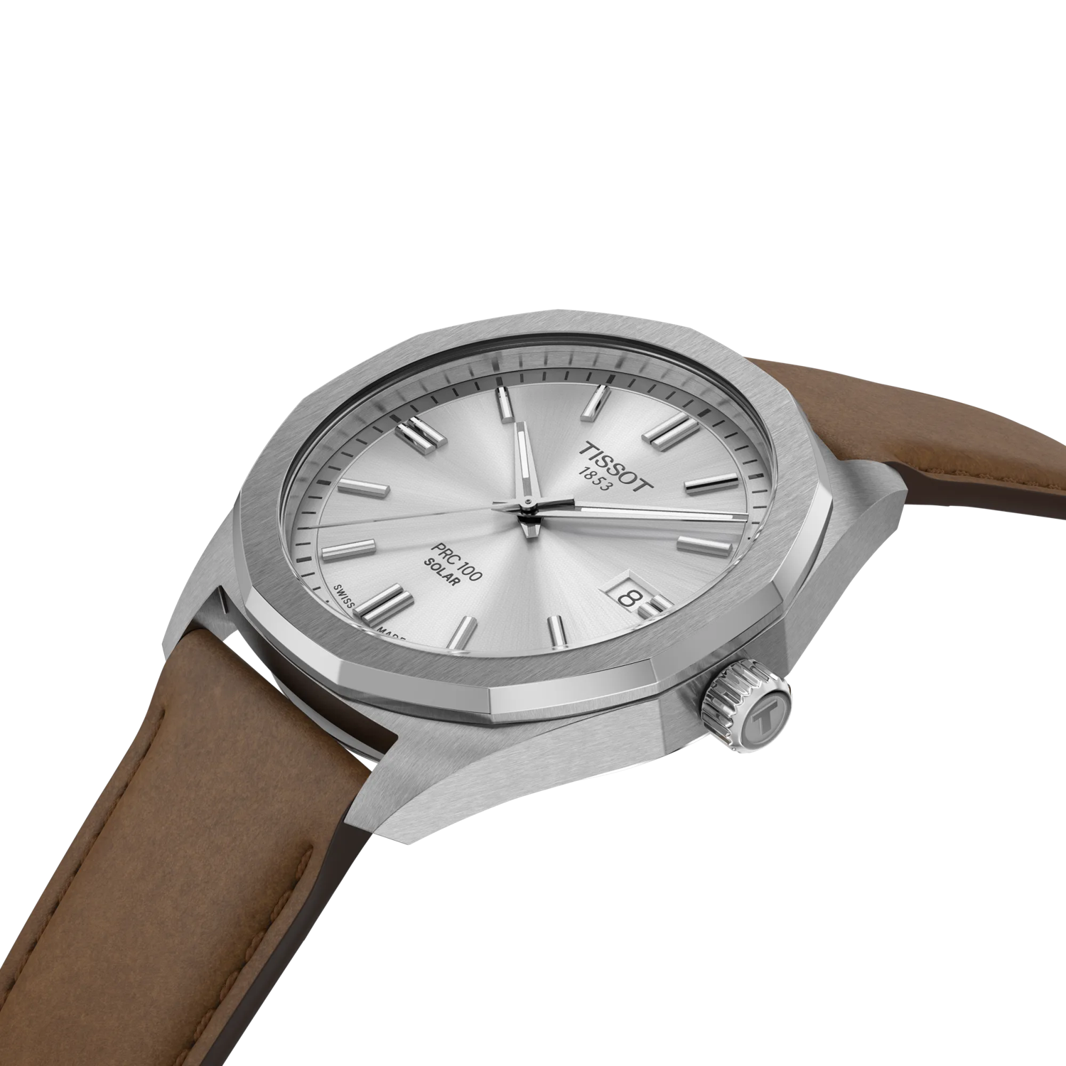 RELOJ TISSOT PR100 SOLAR, ESFERA GRIS, BRAZALETE DE CUERO MARRCÓN, FECHA, 39 MM