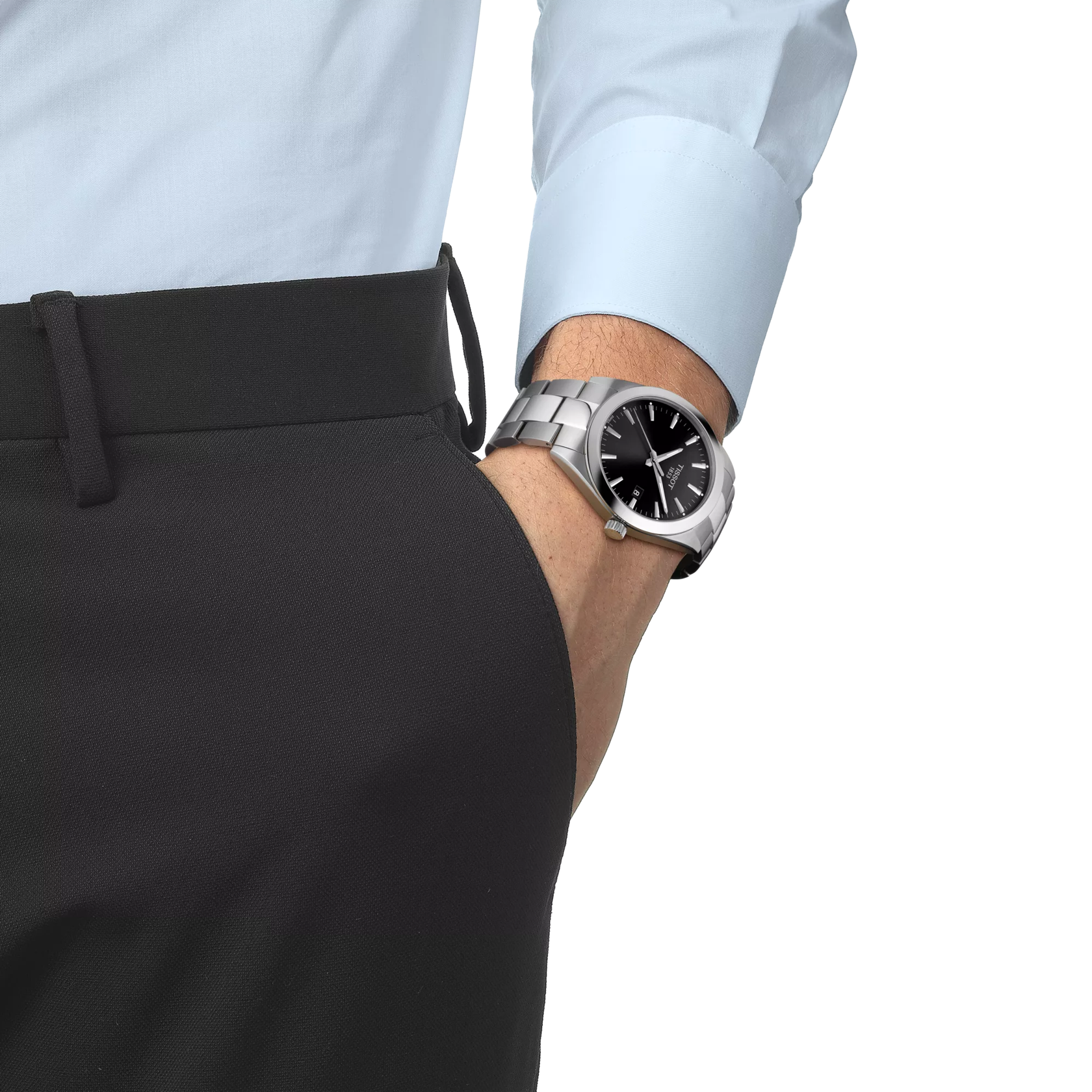 RELOJ TISSOT GENTLEMAN, CUARZO, ESFERA NEGRA, BRAZALETE DE ACERO, FECHA, 40 MM