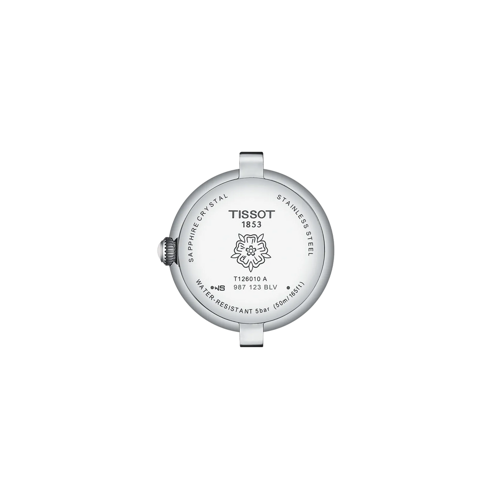 RELOJ TISSOT BELLISSIMA, CUARZO, ESFERA BLANCA, FAJA DE CUERO NEGRA, FECHA, 26 MM