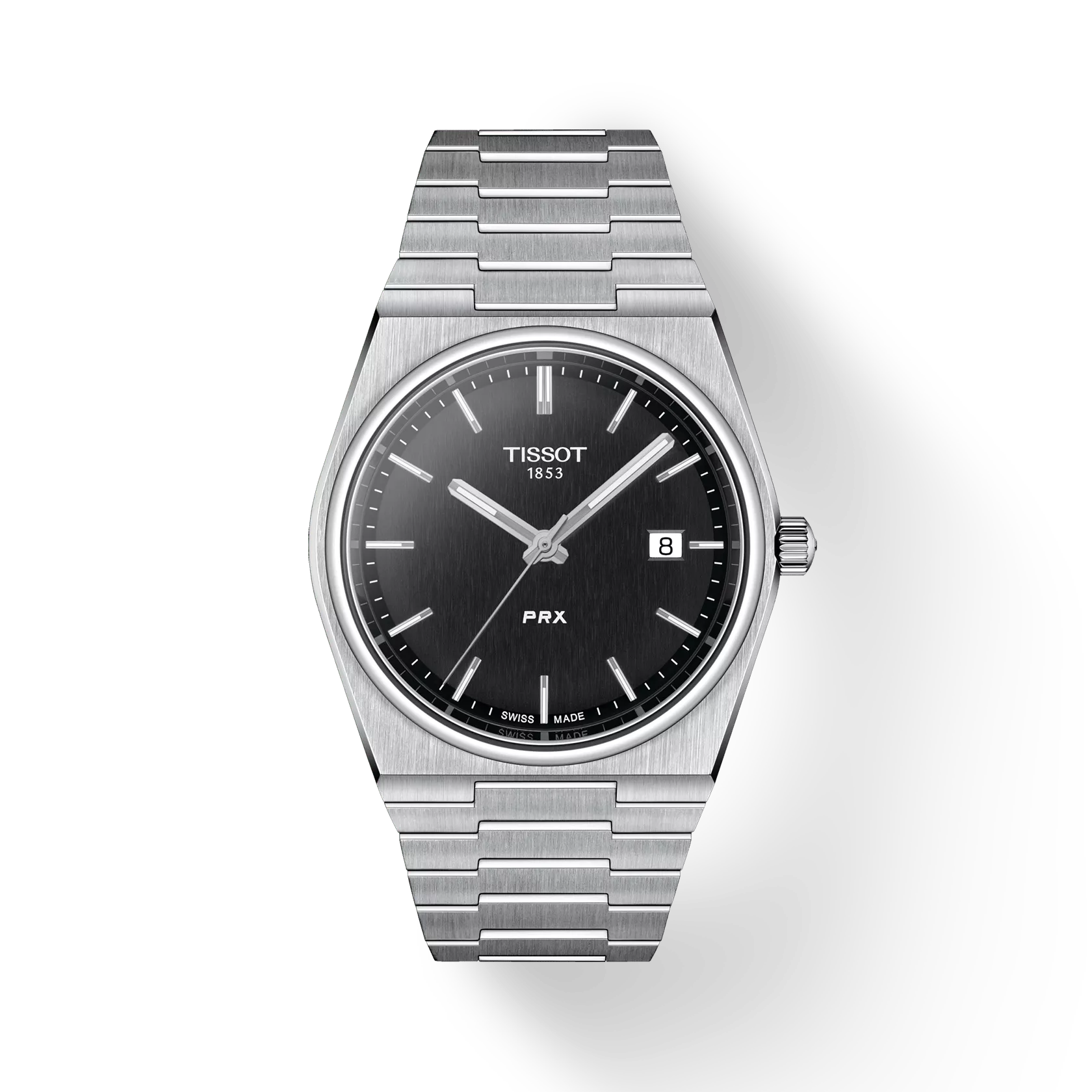 RELOJ TISSOT PRX, CUARZO, ESFERA NEGRA, BRAZALETE DE ACERO, FECHA, 40 MM