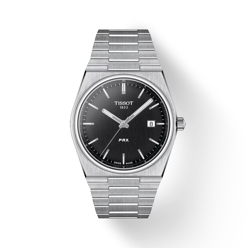 RELOJ TISSOT PRX, CUARZO, ESFERA NEGRA, BRAZALETE DE ACERO, FECHA, 40 MM