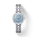RELOJ TISSOT BELLISSIMA, CUARZO, ESFERA CELESTE, BRAZALETE DE ACERO, FECHA, 26 MM