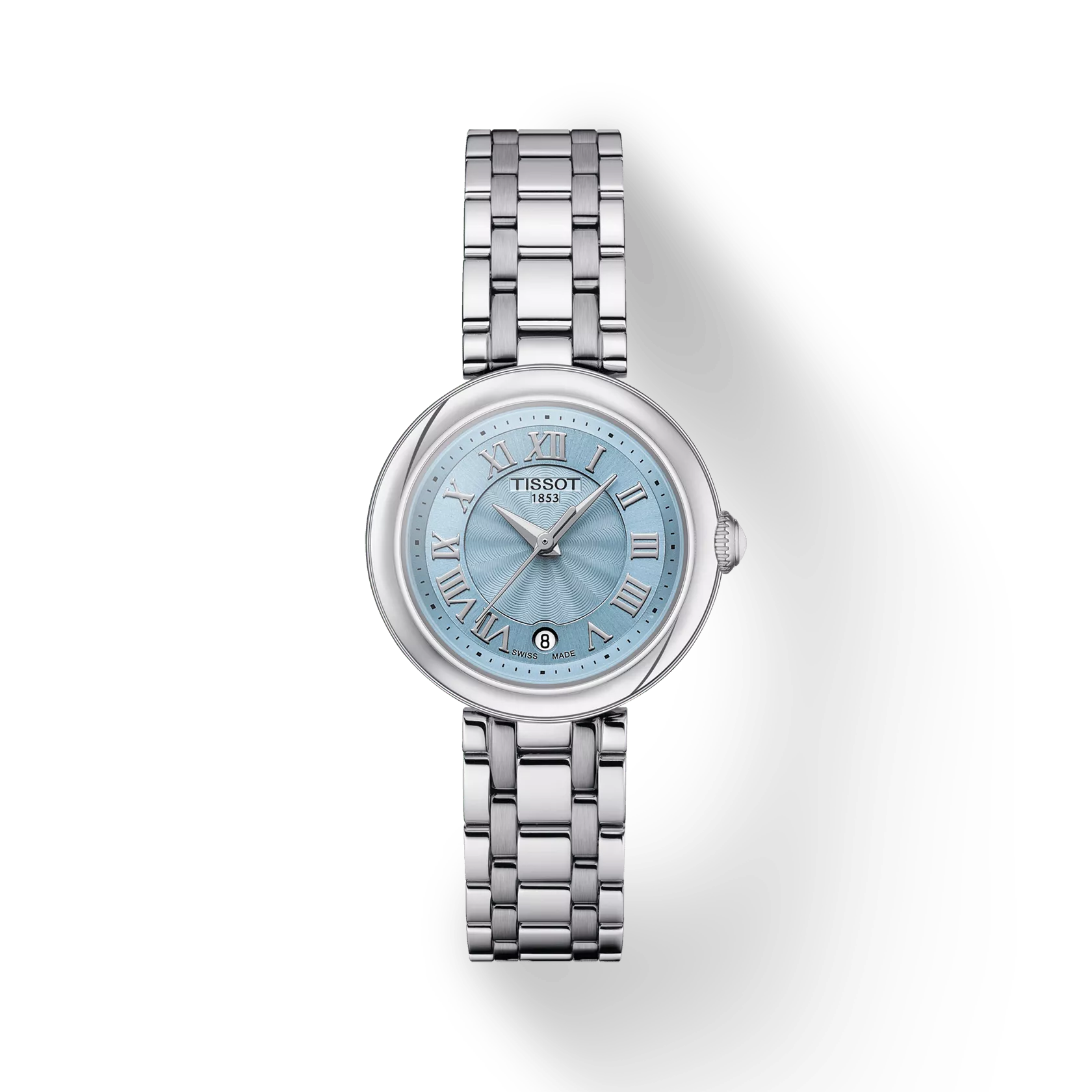 RELOJ TISSOT BELLISSIMA, CUARZO, ESFERA CELESTE, BRAZALETE DE ACERO, FECHA, 26 MM