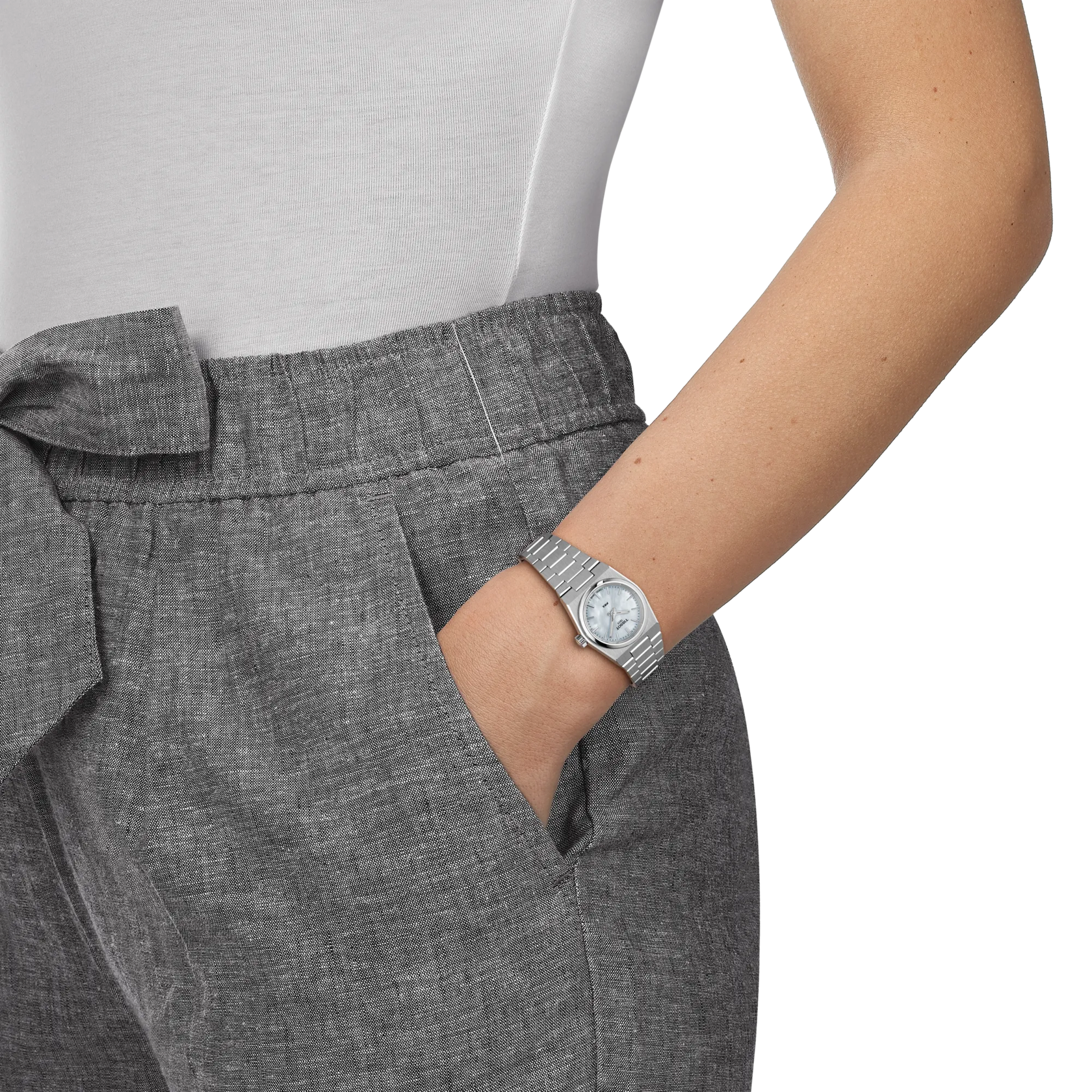 RELOJ TISSOT PRX, CUARZO, ESFERA DE MADRE PERLA BLANCA, BRAZALETE DE ACERO, 25 MM