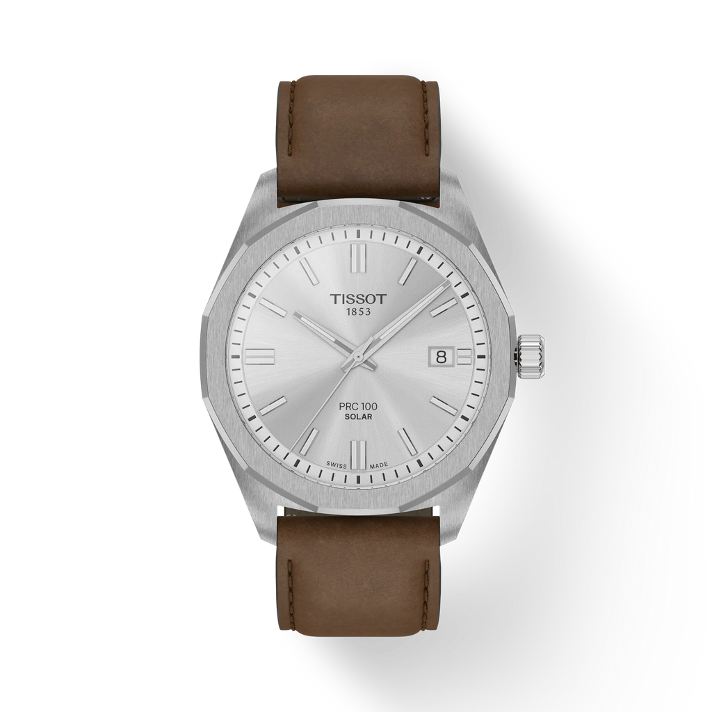 RELOJ TISSOT PR100 SOLAR, ESFERA GRIS, BRAZALETE DE CUERO MARRCÓN, FECHA, 39 MM