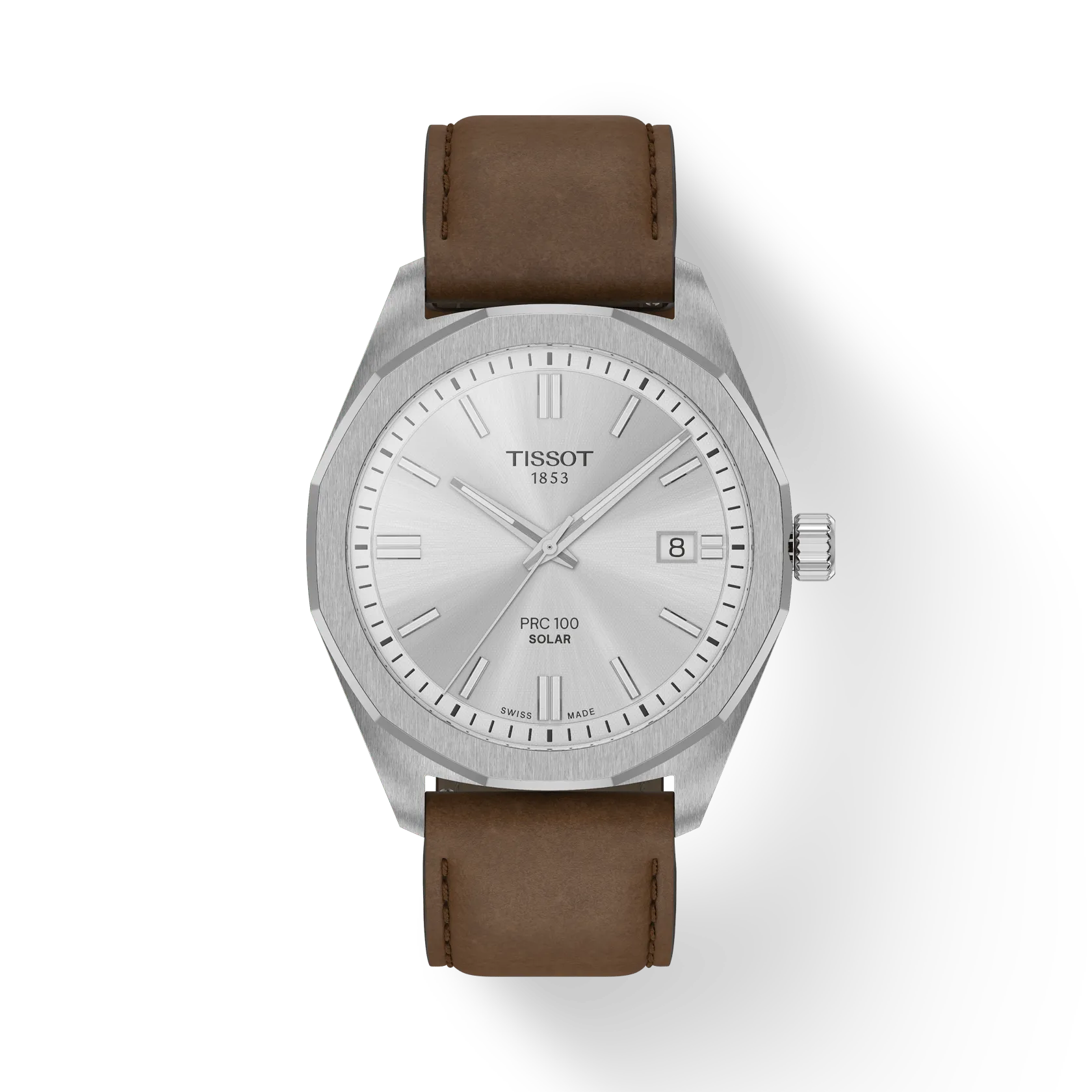 RELOJ TISSOT PR100 SOLAR, ESFERA GRIS, BRAZALETE DE CUERO MARRCÓN, FECHA, 39 MM