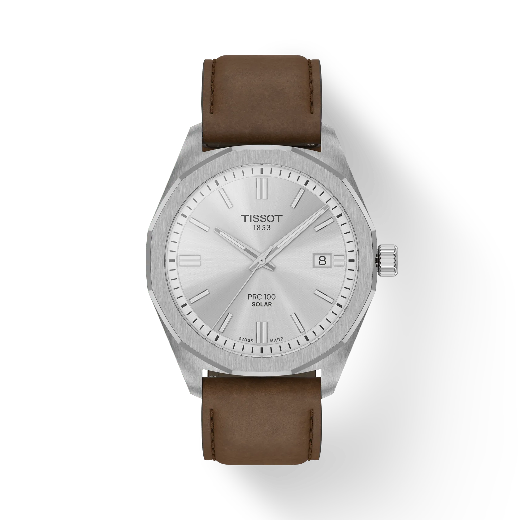 RELOJ TISSOT PR100 SOLAR, ESFERA GRIS, BRAZALETE DE CUERO MARRCÓN, FECHA, 39 MM