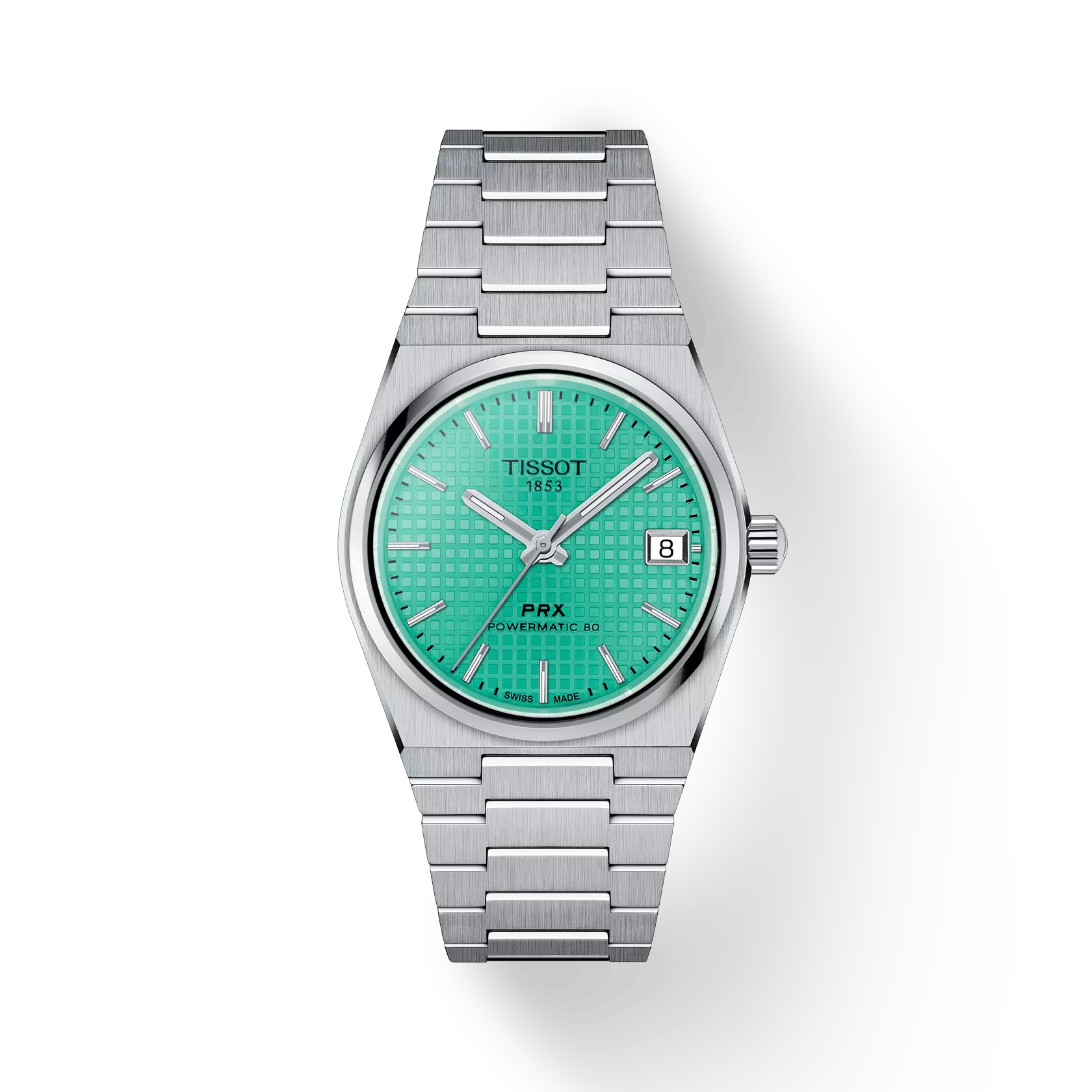 RELOJ TISSOT PRX, AUTOMCÁTICO, ESFERA TURQUESA, BRAZALETE DE ACERO, FECHA, 35 MM