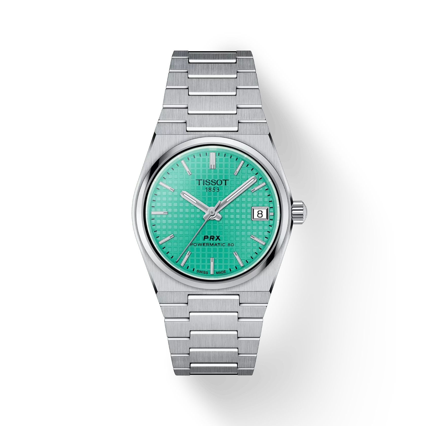 RELOJ TISSOT PRX, AUTOMCÁTICO, ESFERA TURQUESA, BRAZALETE DE ACERO, FECHA