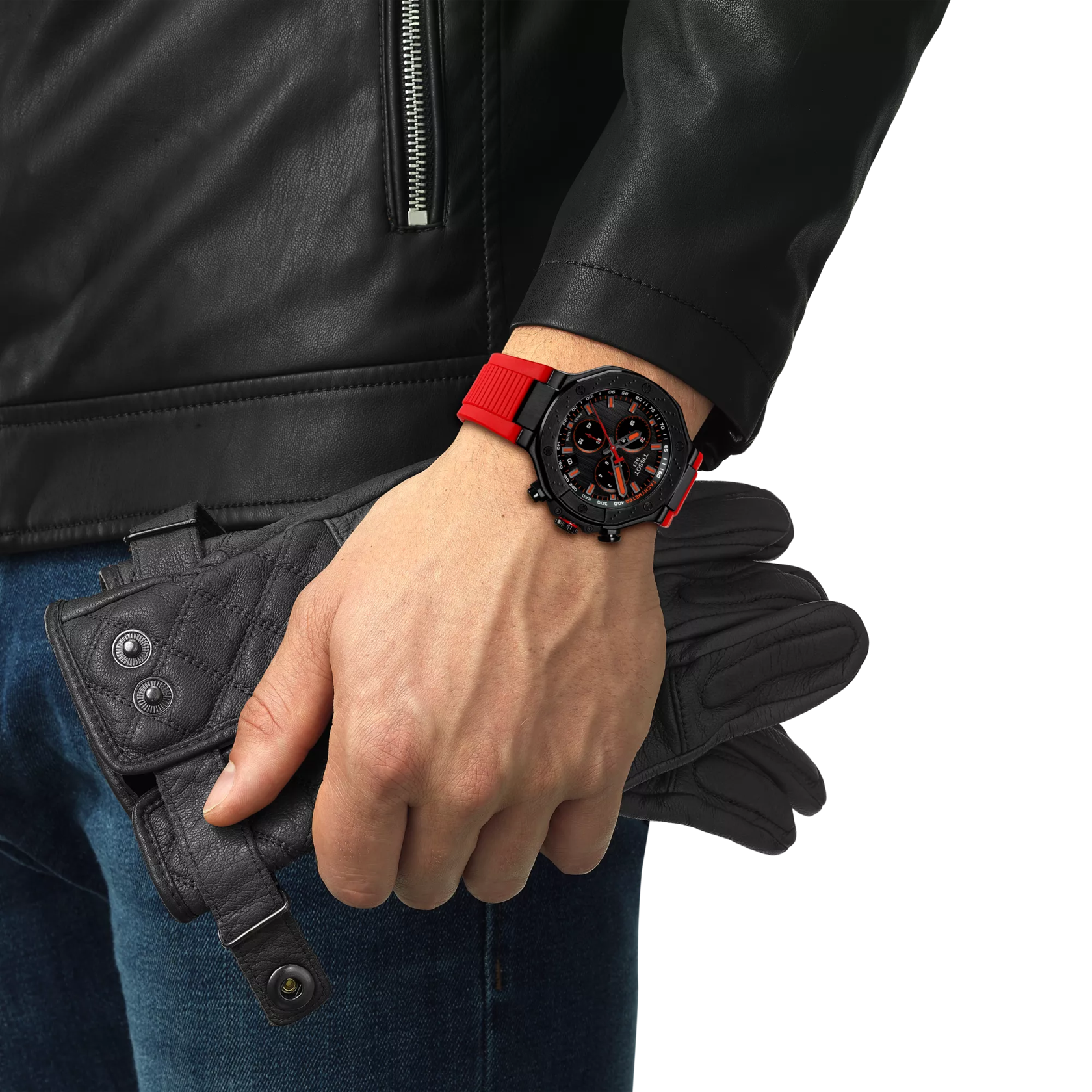 RELOJ TISSOT T-RACE, CUARZO, ESFERA NEGRA, FAJA DE CAUCHO ROJA, CRONCÓGRAFO, 45 MM