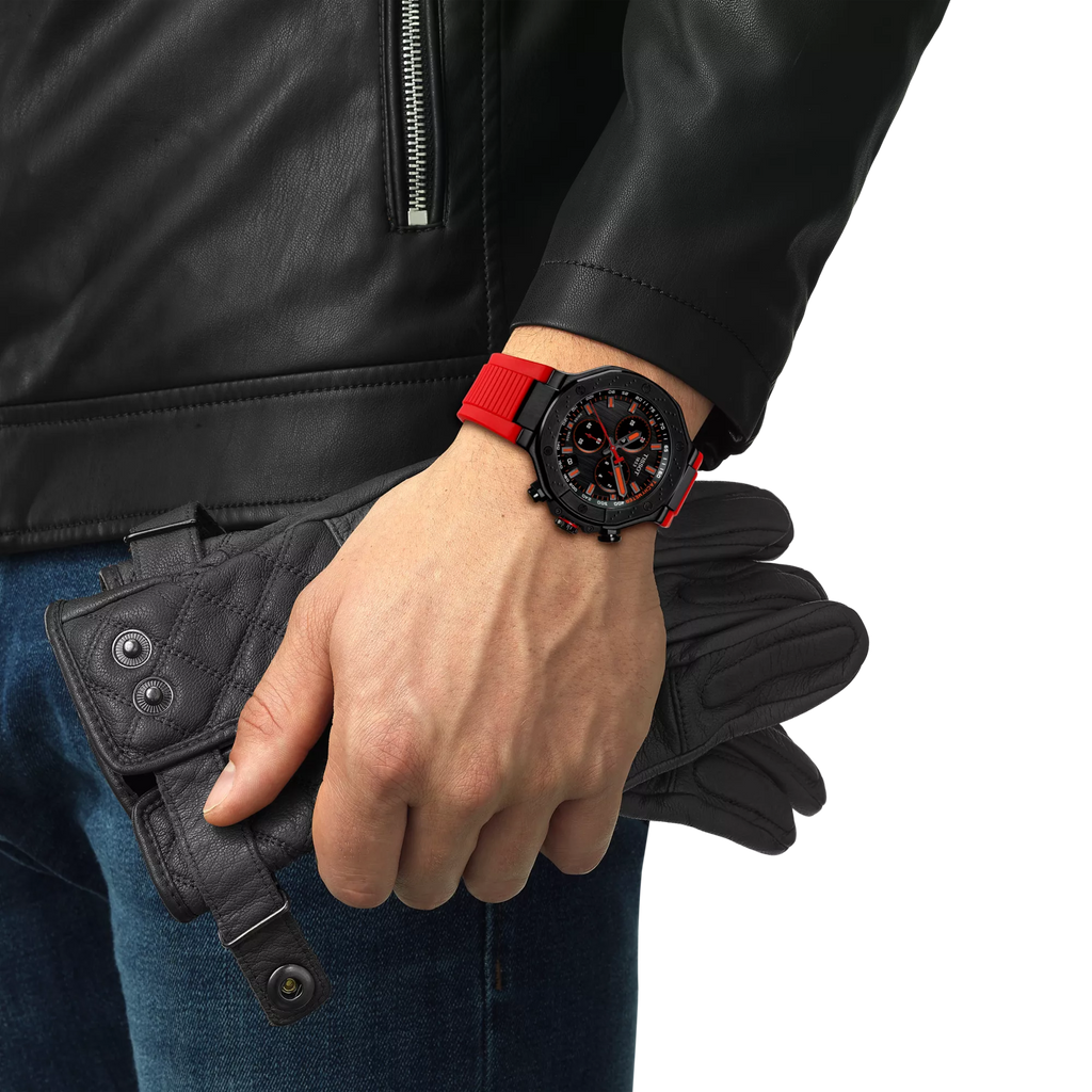RELOJ TISSOT T-RACE, CUARZO, ESFERA NEGRA, FAJA DE CAUCHO ROJA, CRONCÓGRAFO, 45 MM