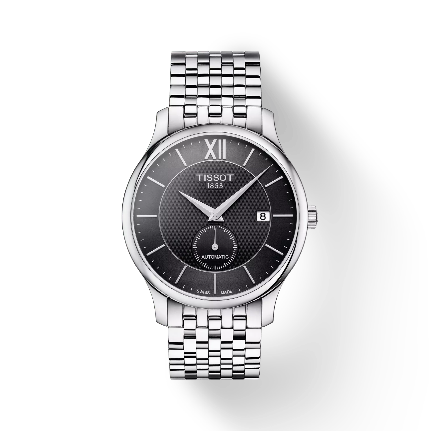 RELOJ TISSOT TRADITION, AUTOMCÁTICO, ESFERA NEGRA, BRAZALETE DE ACERO, FECHA, 40 MM