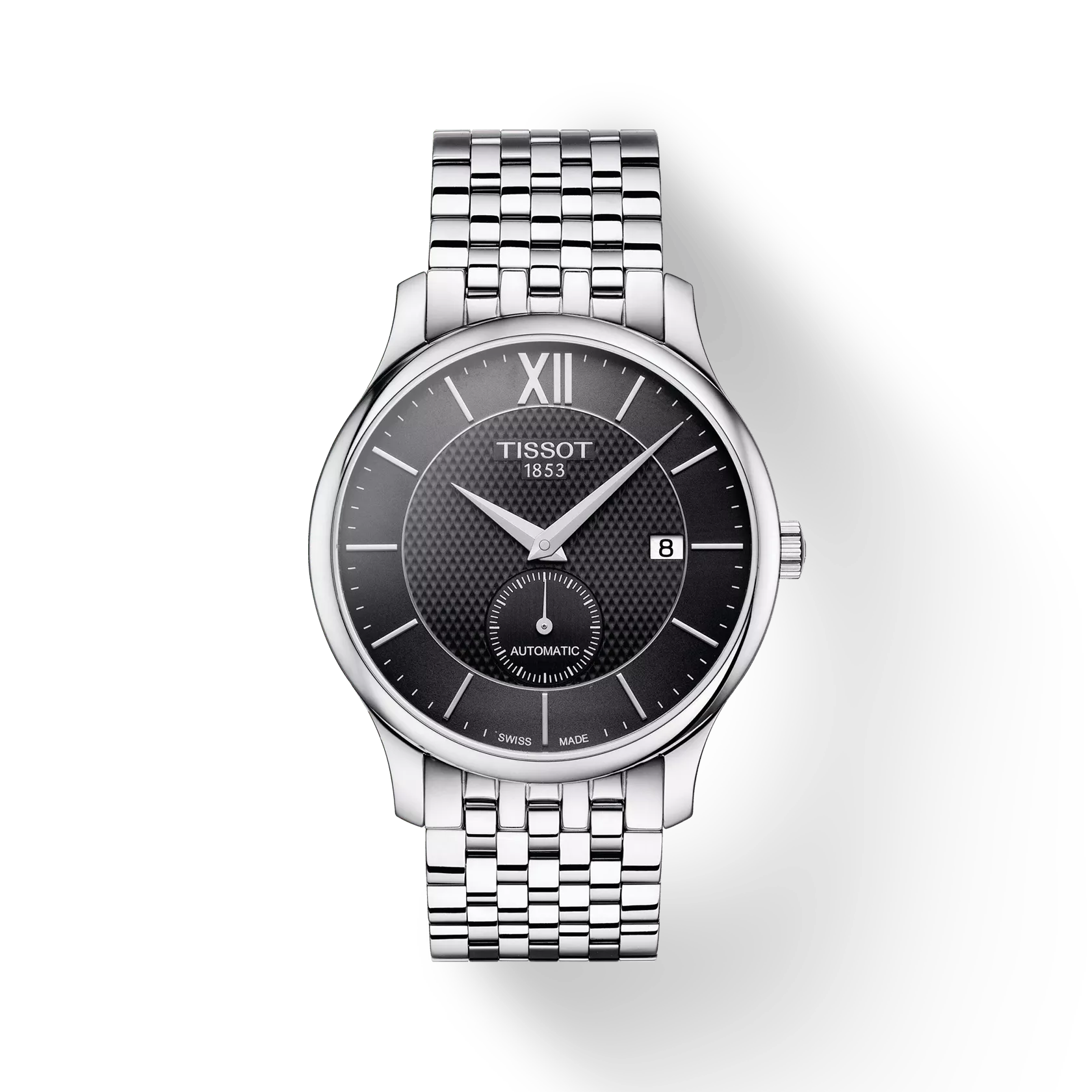 RELOJ TISSOT TRADITION, AUTOMCÁTICO, ESFERA NEGRA, BRAZALETE DE ACERO, FECHA, 40 MM