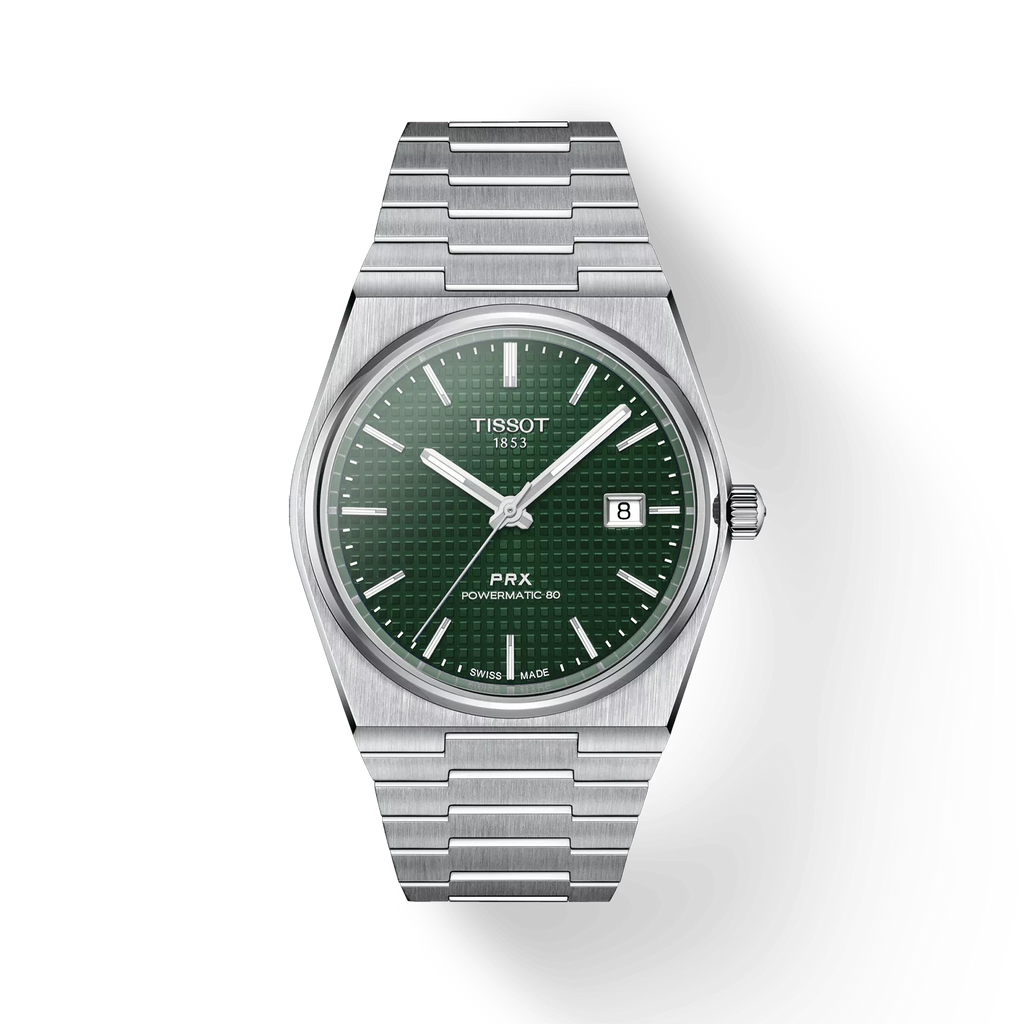 RELOJ TISSOT PRX, AUTOMCÁTICO, ESFERA VERDE, BRAZALETE DE ACERO, FECHA, 40 MM