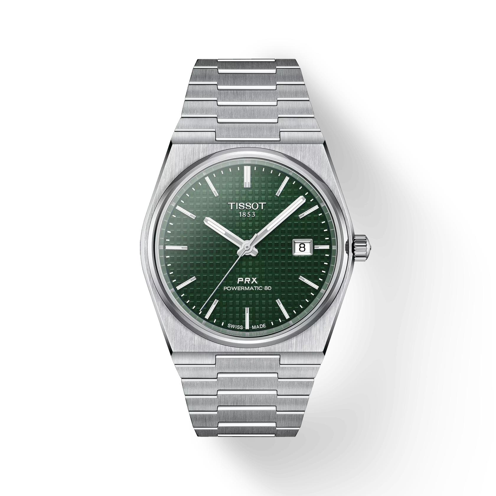 RELOJ TISSOT PRX, AUTOMCÁTICO, ESFERA VERDE, BRAZALETE DE ACERO, FECHA, 40 MM