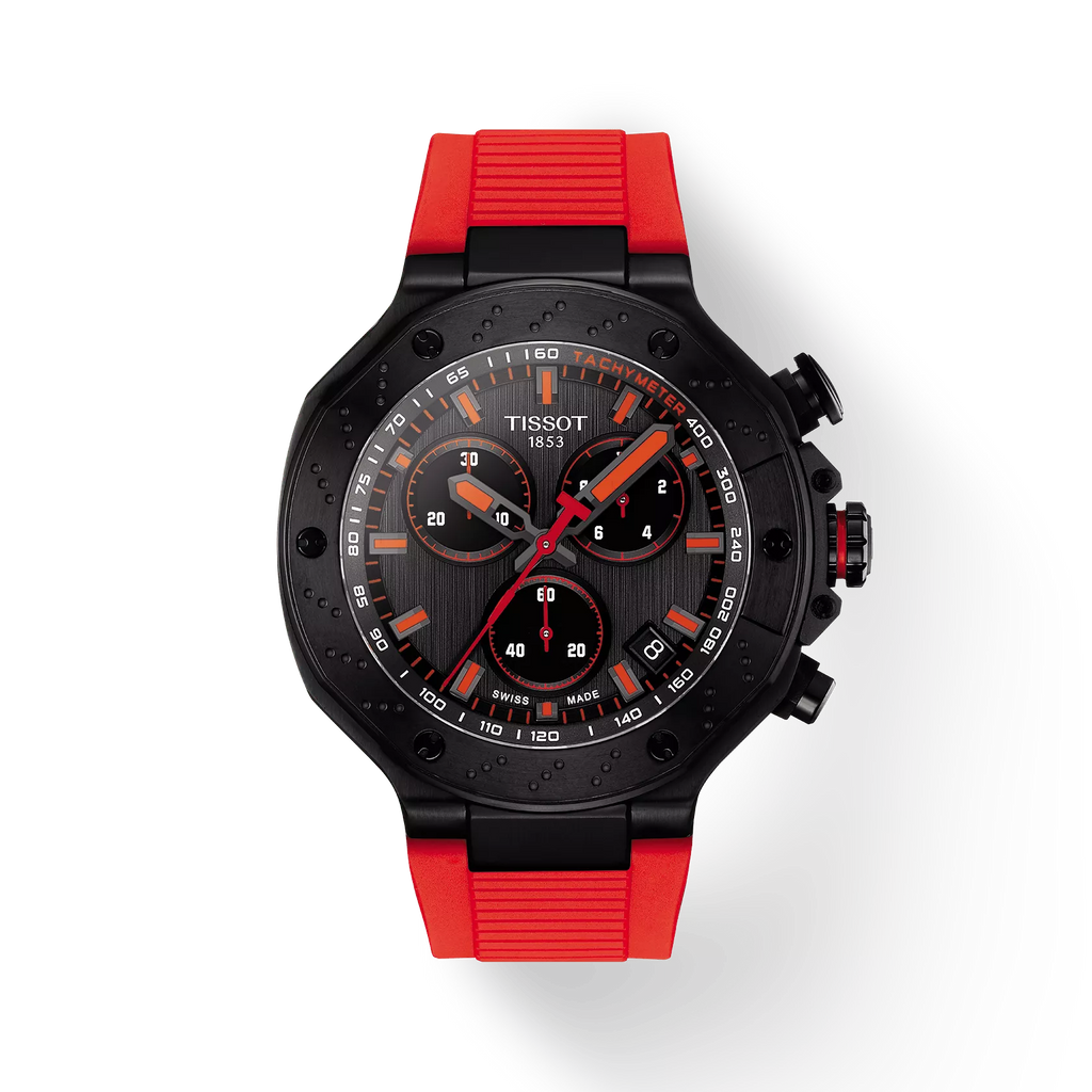 RELOJ TISSOT T-RACE, CUARZO, ESFERA NEGRA, FAJA DE CAUCHO ROJA, CRONCÓGRAFO, 45 MM