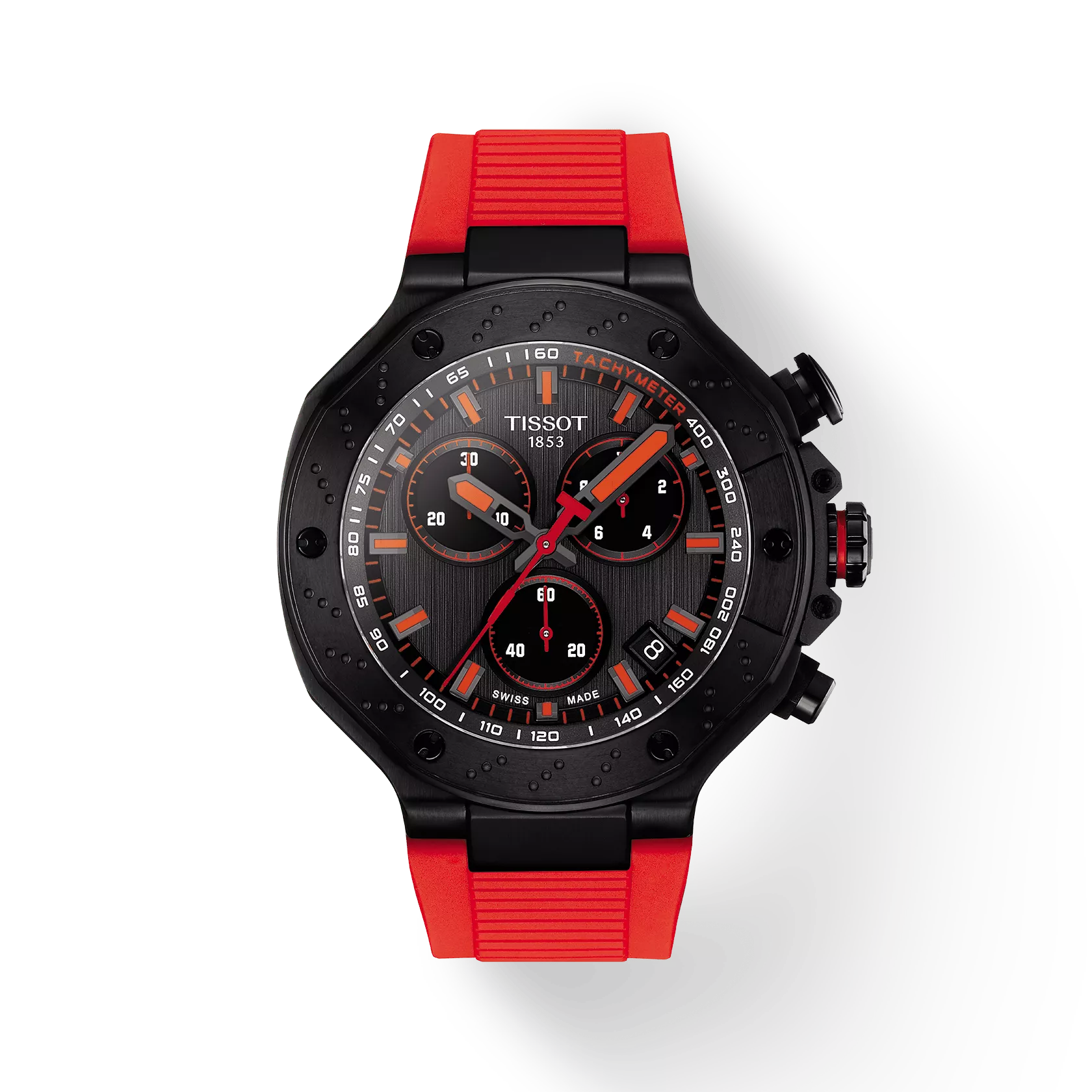 RELOJ TISSOT T-RACE, CUARZO, ESFERA NEGRA, FAJA DE CAUCHO ROJA, CRONCÓGRAFO, 45 MM