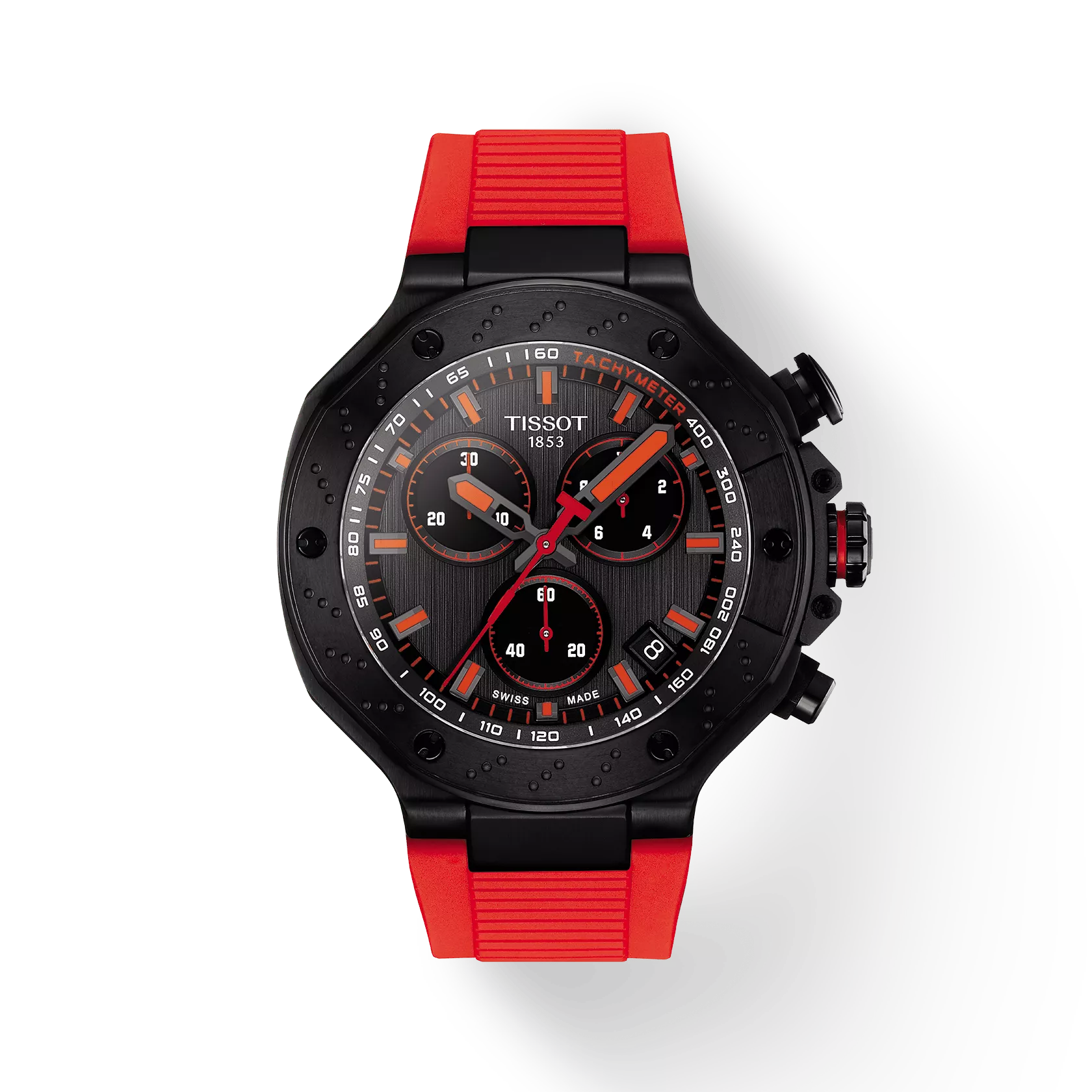 RELOJ TISSOT T-RACE, CUARZO, ESFERA NEGRA, FAJA DE CAUCHO ROJA, CRONCÓGRAFO, 45 MM