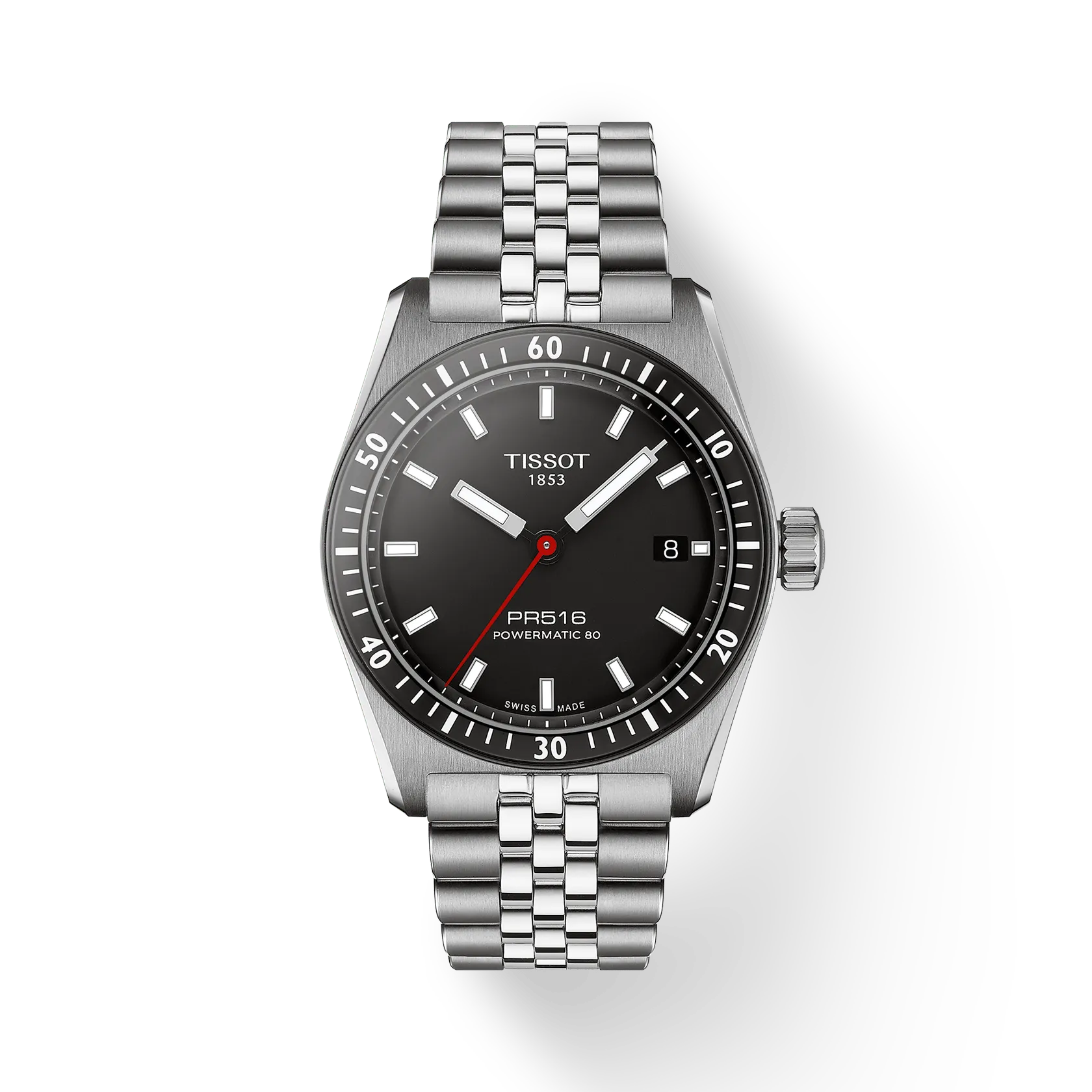 RELOJ TISSOT PR516, AUTOMCÁTICO, ESFERA NEGRA, BRAZALETE DE ACERO, FECHA, 38 MM