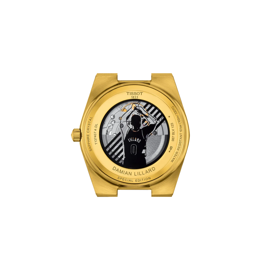 RELOJ TISSOT PRX, DAMIAN LILLARD, AUTOMCÁTICO, ESFERA NEGRA, BRAZALETE PRV TONO ORO, FECHA, 40 MM