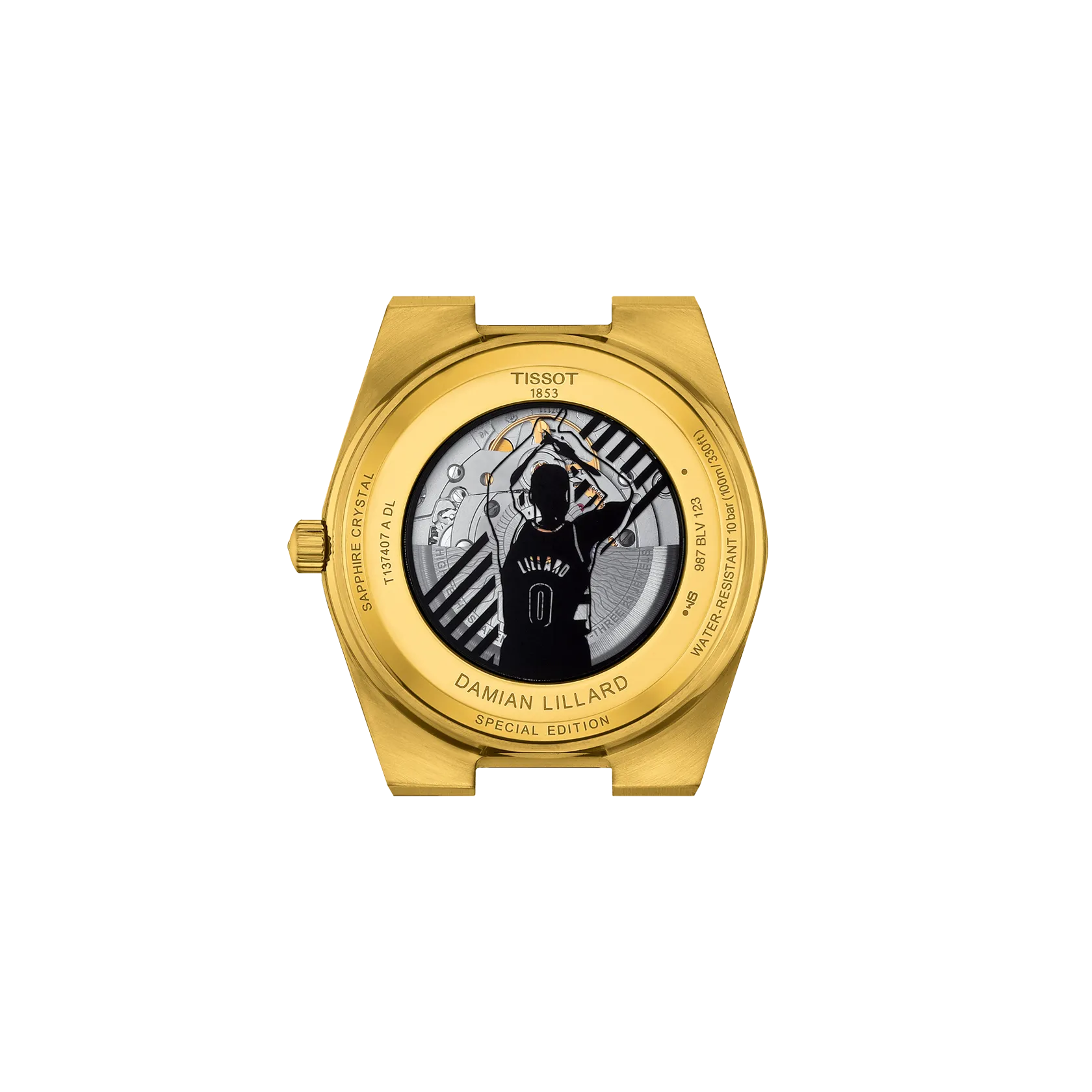RELOJ TISSOT PRX, DAMIAN LILLARD, AUTOMCÁTICO, ESFERA NEGRA, BRAZALETE PRV TONO ORO, FECHA, 40 MM