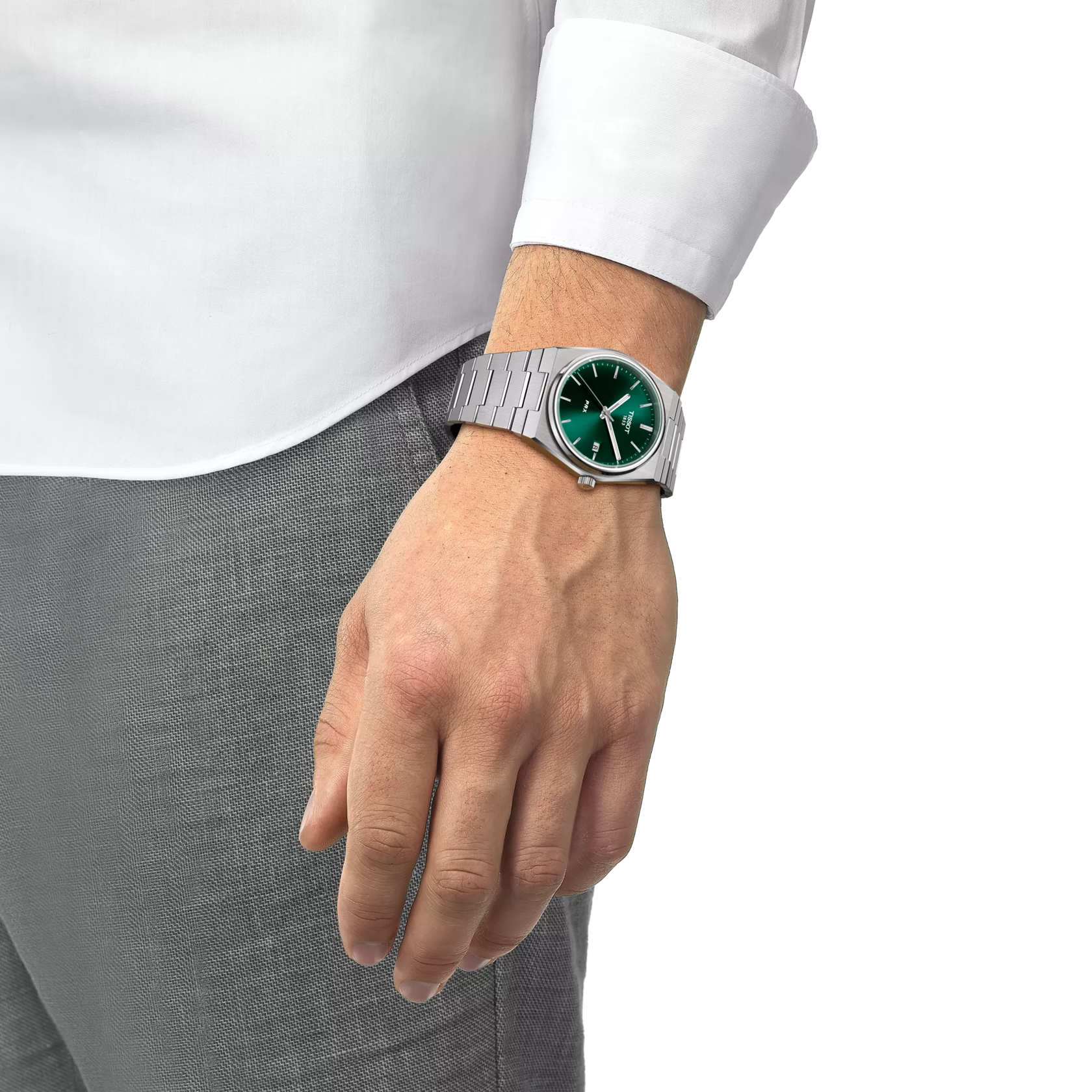 RELOJ TISSOT PRX, CUARZO, ESFERA VERDE, BRAZALETE DE ACERO, FECHA, 40 MM