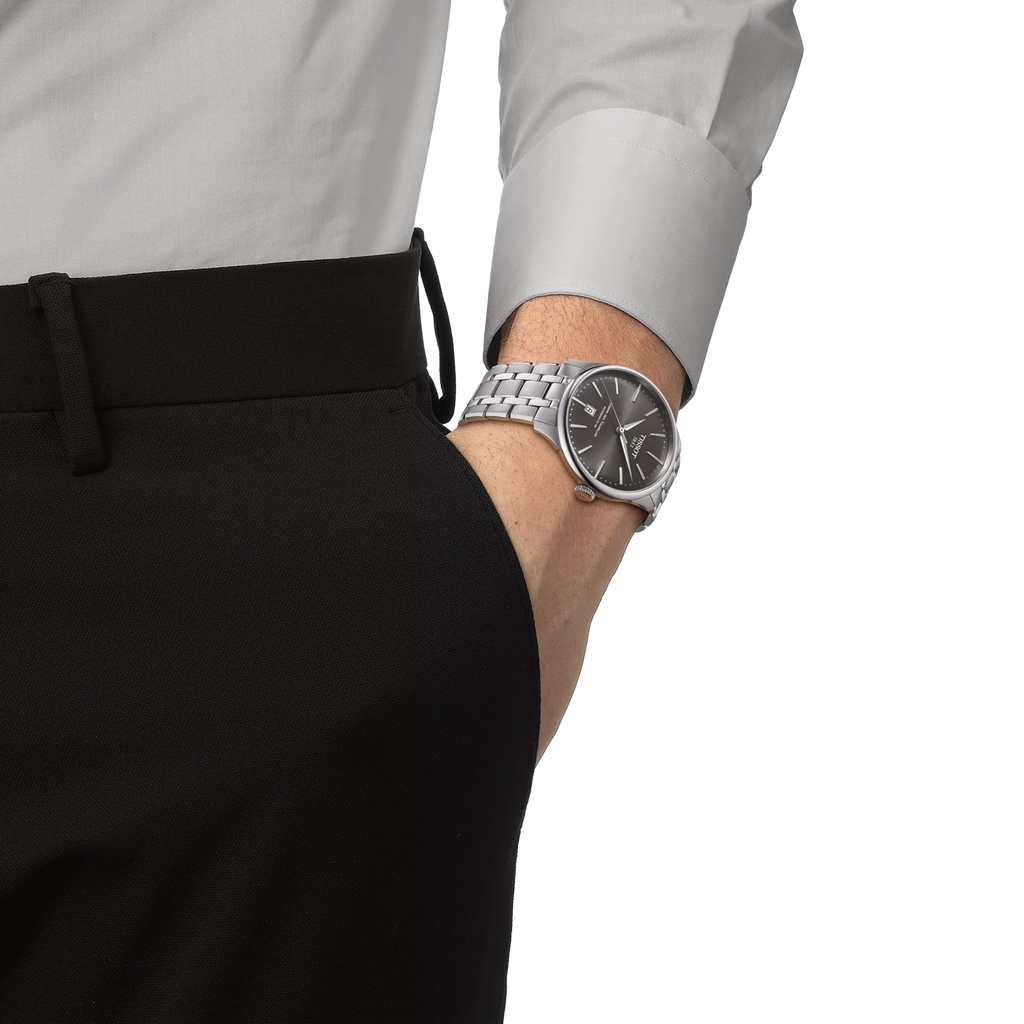 RELOJ TISSOT CHEMIN DES TOURELLES, AUTOMCÁTICO, ESFERA GRIS, BRAZALETE DE ACERO, FECHA, 39 MM