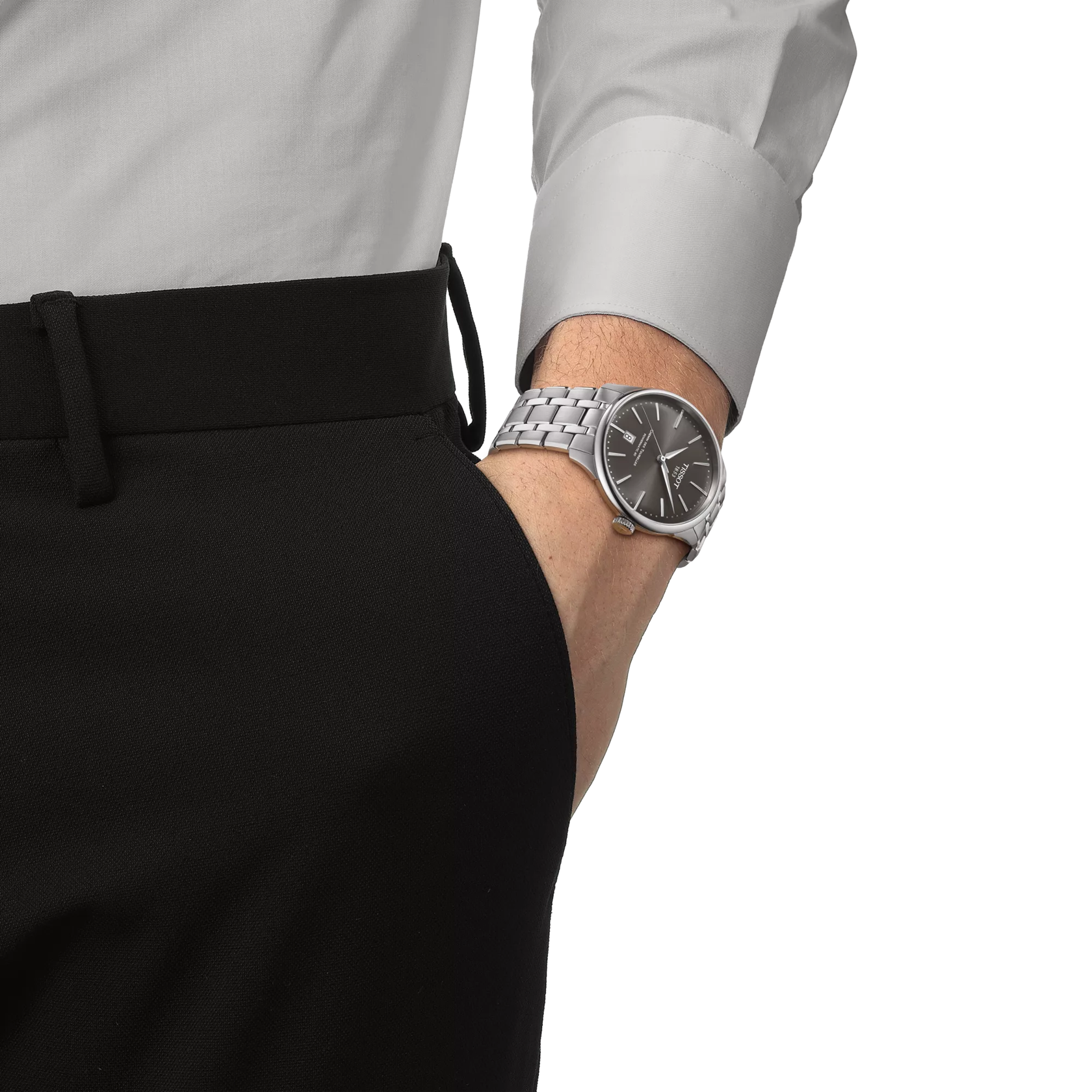 RELOJ TISSOT CHEMIN DES TOURELLES, AUTOMCÁTICO, ESFERA GRIS, BRAZALETE DE ACERO, FECHA, 39 MM