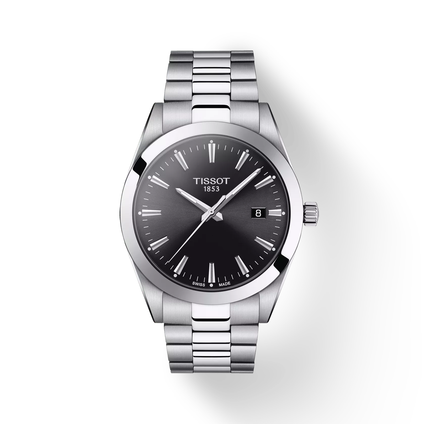 RELOJ TISSOT GENTLEMAN, CUARZO, ESFERA NEGRA, BRAZALETE DE ACERO, FECHA, 40 MM