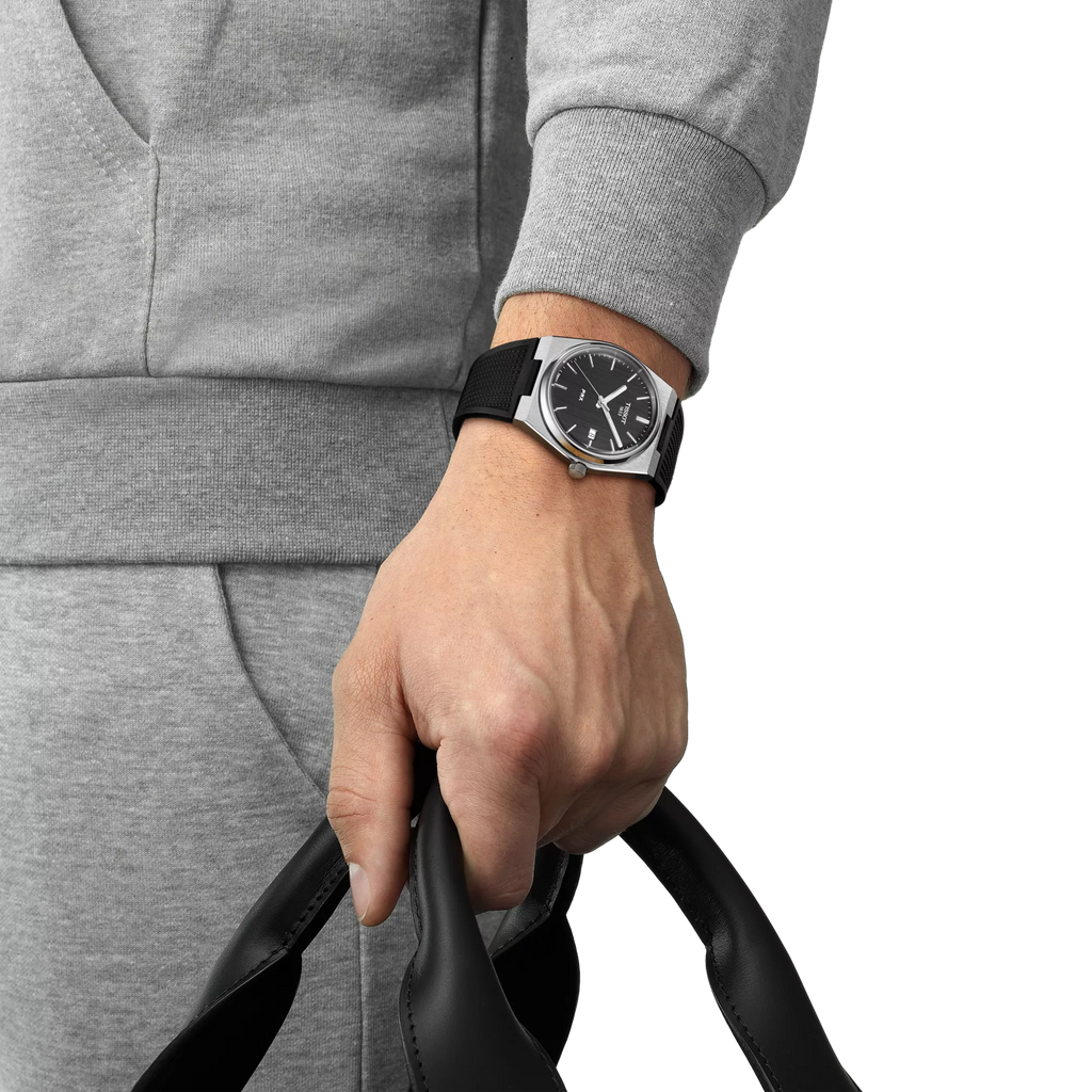 RELOJ TISSOT PRX, CUARZO, ESFERA NEGRA, FAJA DE CAUCHO NEGRA, FECHA, 40 MM