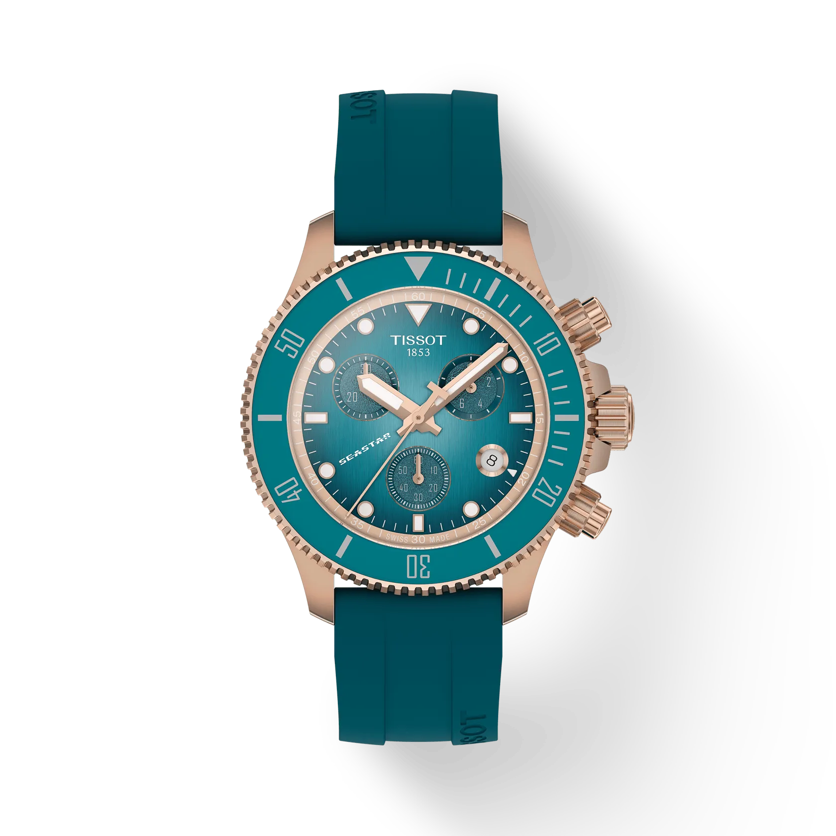 RELOJ TISSOT SEASTAR 1000, CUARZO, ESFERA TURQUESA, BRAZALETE DE CAUCHO TURQUESA, CRONCÓGRAFO, 38 MM