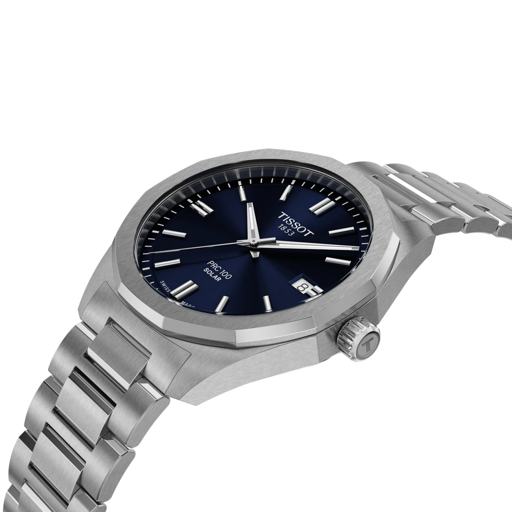 RELOJ TISSOT PR100 SOLAR, ESFERA AZUL, BRAZALETE DE ACERO, FECHA, 39 MM