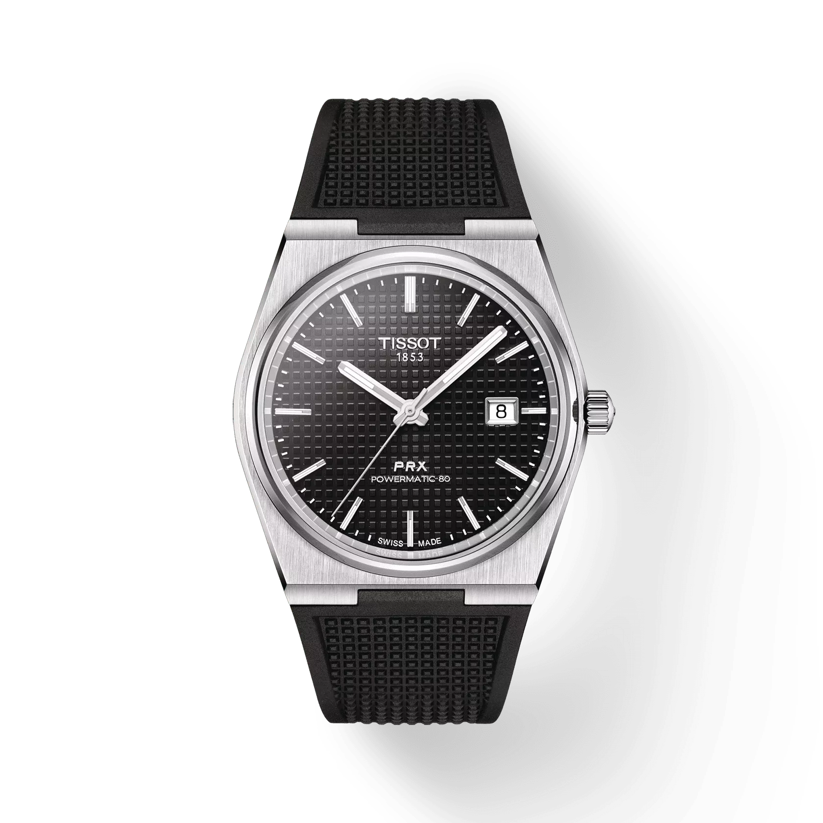 RELOJ TISSOT PRX, AUTOMCÁTICO, ESFERA NEGRA, FAJA DE CAUCHO NEGRA, FECHA, 40 MM