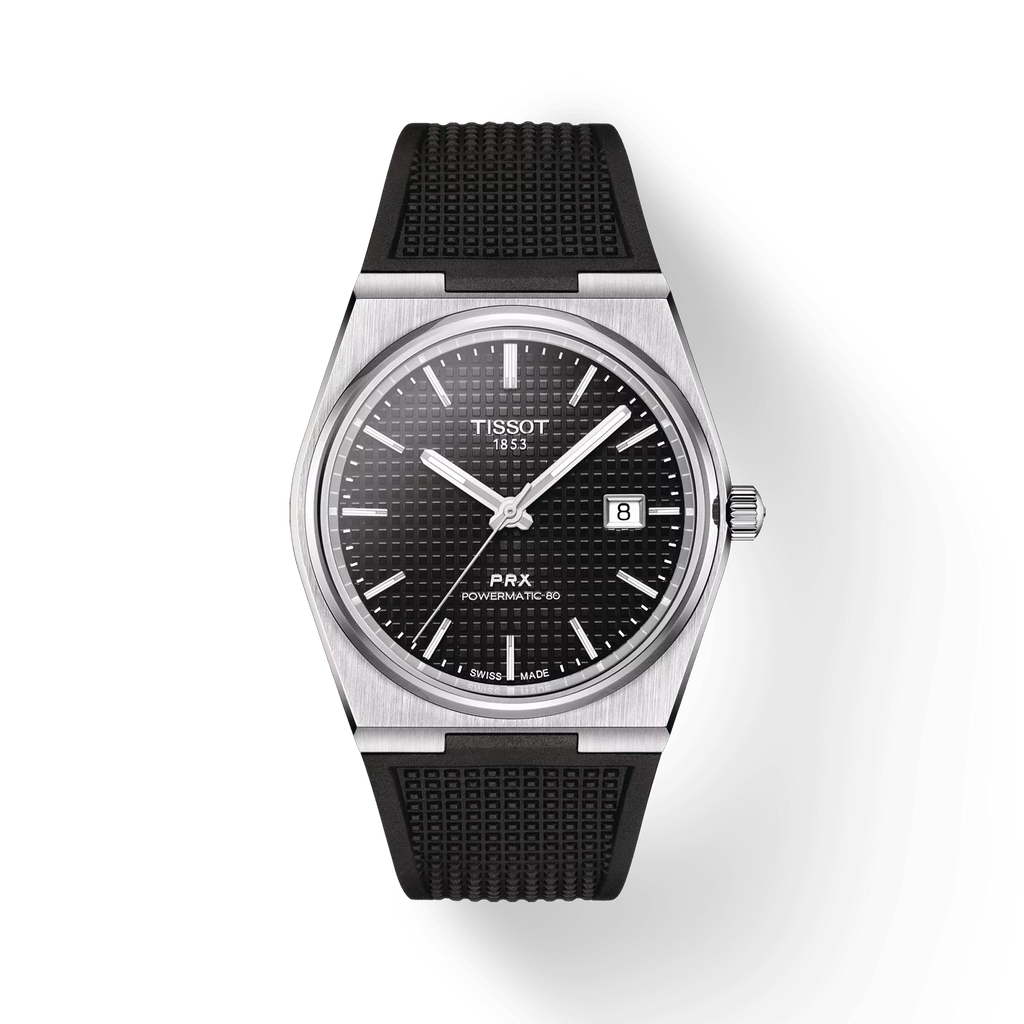 RELOJ TISSOT PRX, AUTOMCÁTICO, ESFERA NEGRA, FAJA DE CAUCHO NEGRA, FECHA, 40 MM