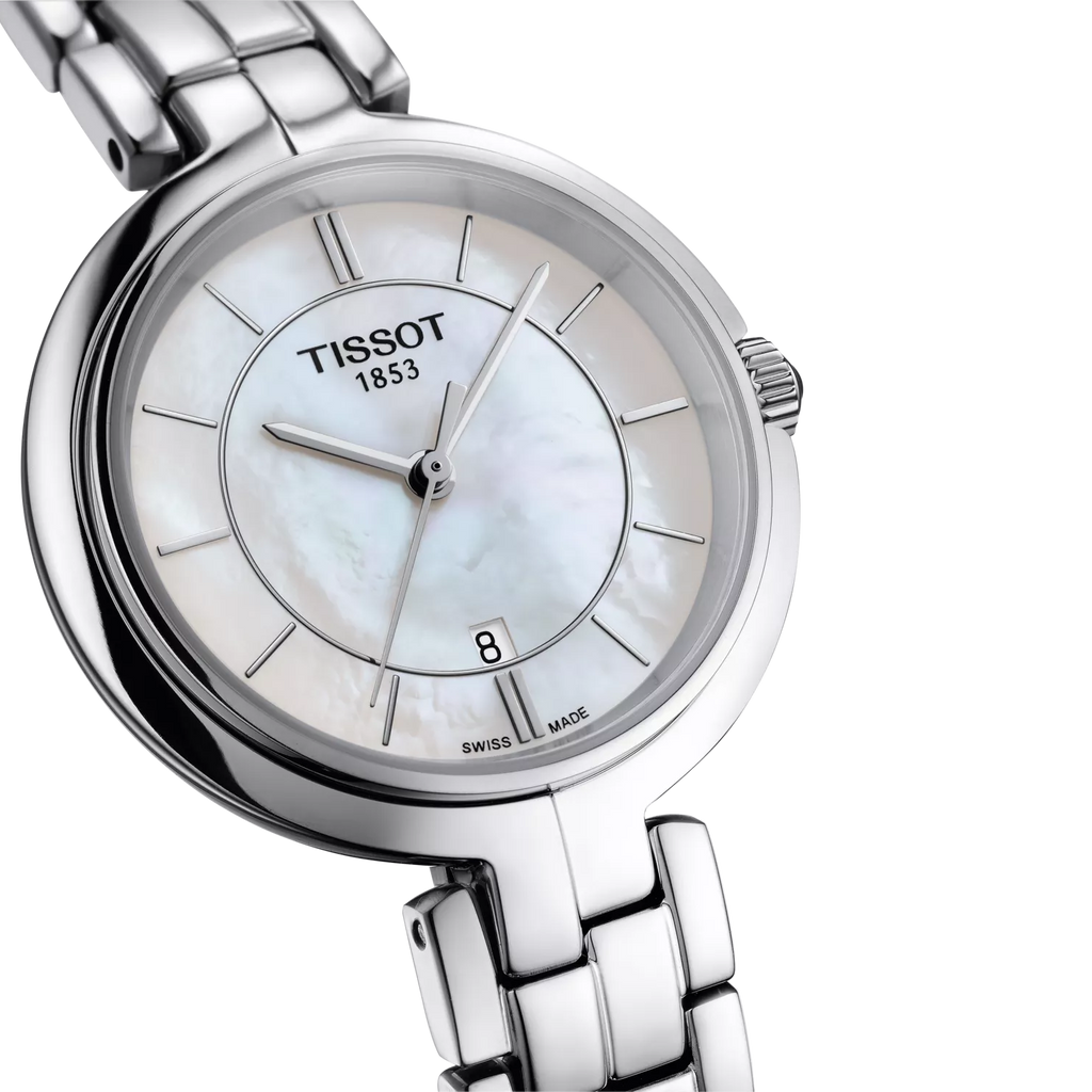 RELOJ TISSOT FLAMINGO, CUARZO, ESFERA DE MADRE PERLA BLANCA, BRAZALETE DE ACERO, 30 MM