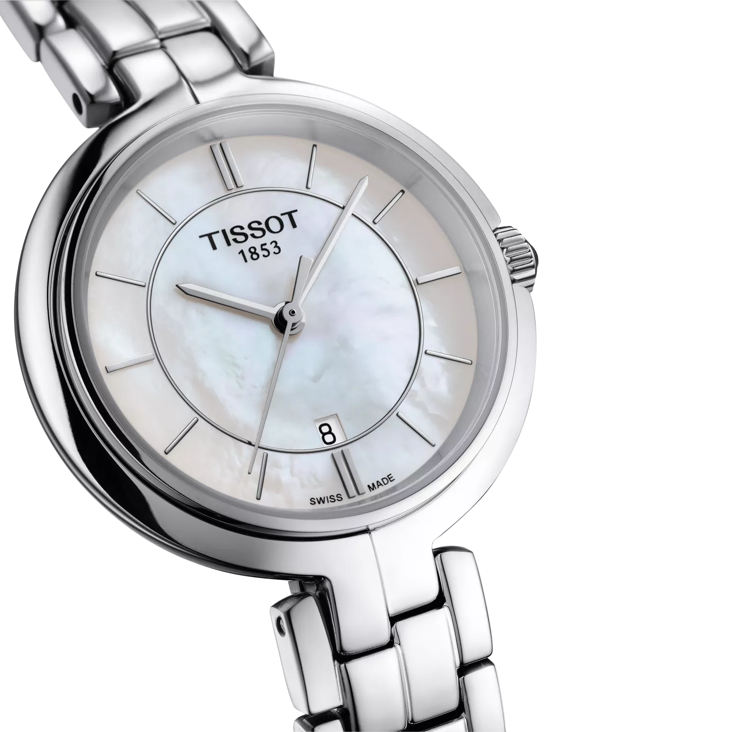 RELOJ TISSOT FLAMINGO, CUARZO, ESFERA DE MADRE PERLA BLANCA, BRAZALETE DE ACERO, 30 MM