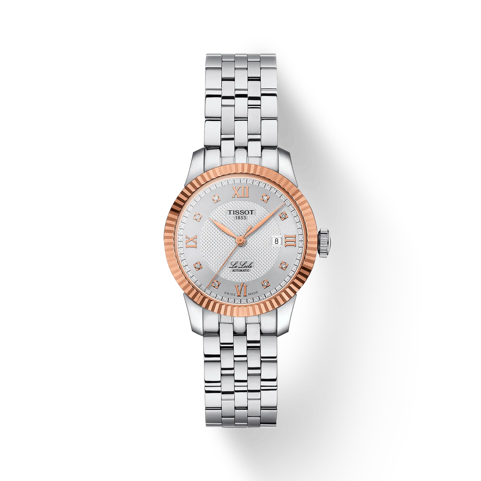 RELOJ TISSOT LE LOCLE GOLD, AUTOMCÁTICO, ESFERA GRIS, BRAZALETE DE ACERO, FECHA, DIAMANTES, 29 MM