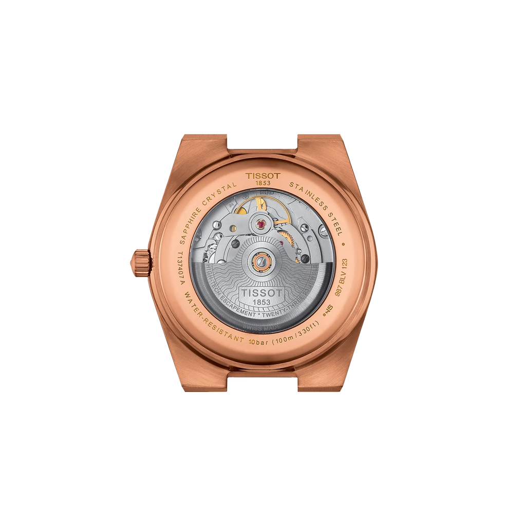 RELOJ TISSOT PRX, AUTOMCÁTICO, ESFERA AZUL, BRAZALETE PVD TONO ROSA, FECHA, 40 MM