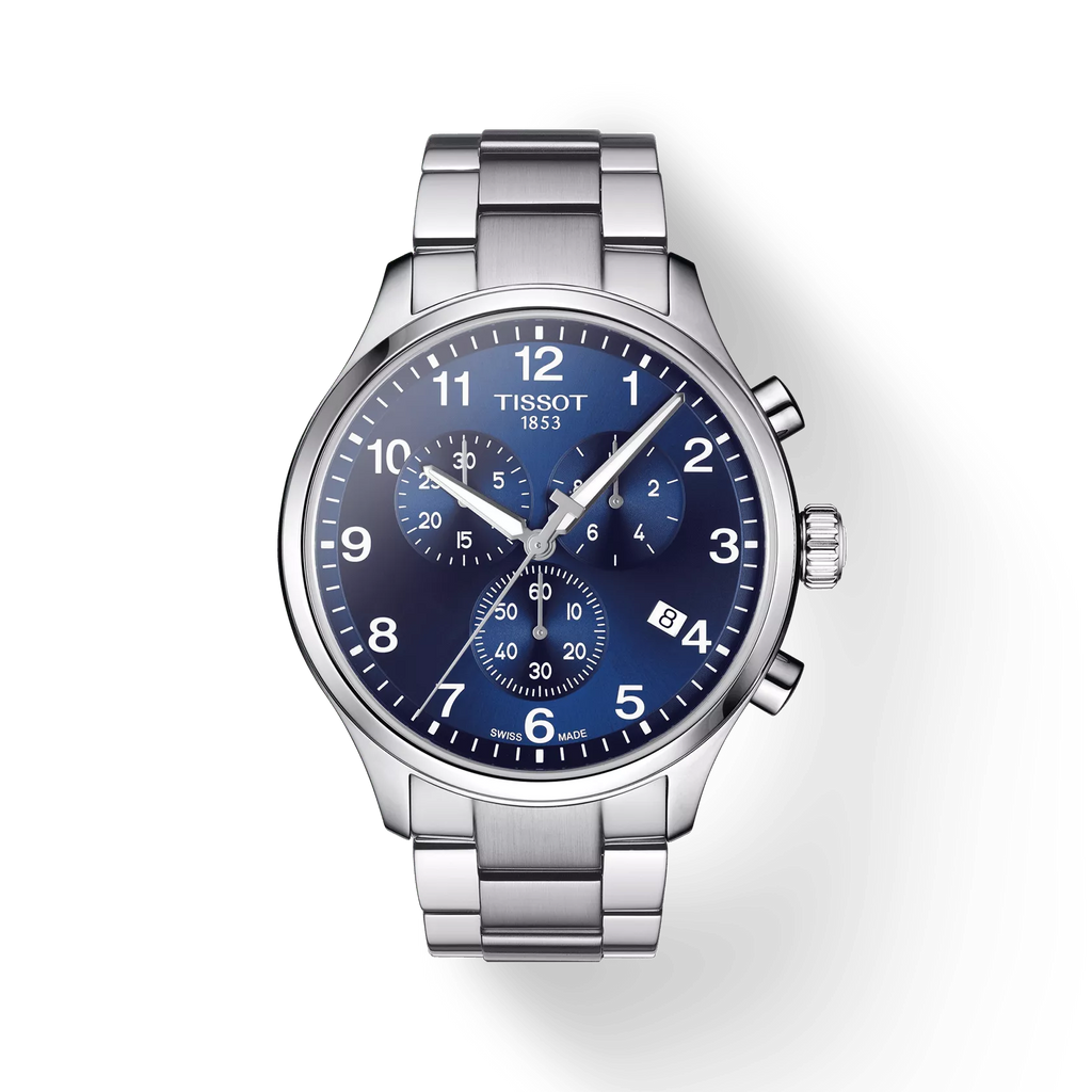 RELOJ TISSOT CHRONO XL CLASSIC, CUARZO, ESFERA AZUL, BRAZALETE DE ACERO, CRONCÓGRAFO, 45 MM
