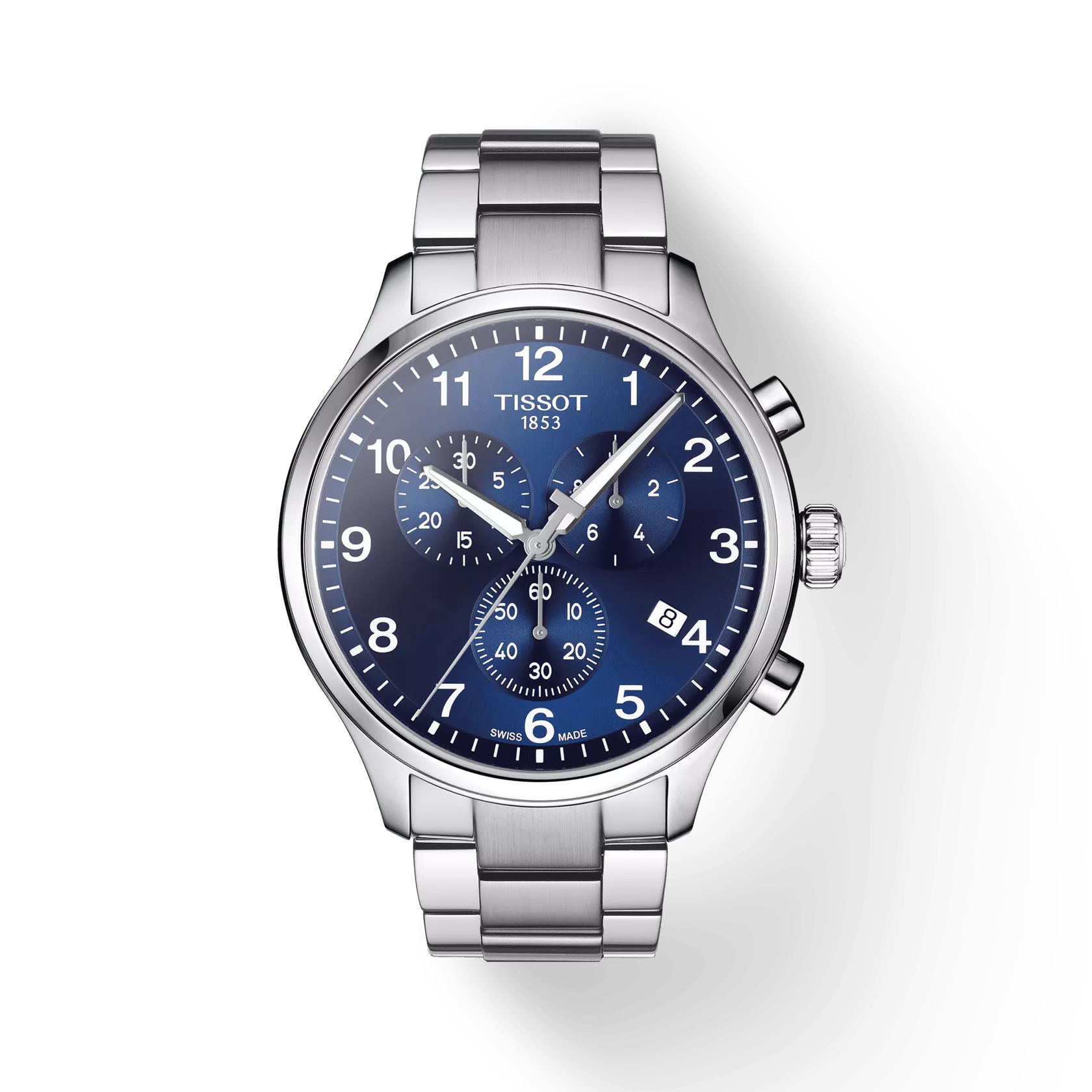 RELOJ TISSOT CHRONO XL CLASSIC, CUARZO, ESFERA AZUL, BRAZALETE DE ACERO, CRONCÓGRAFO, 45 MM
