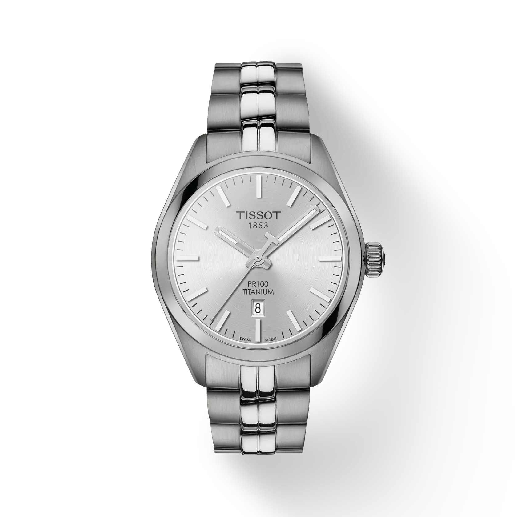 RELOJ TISSOT PR 100, CUARZO, ESFERA GRIS, BRAZALETE DE TITANIO, FECHA, 40 MM