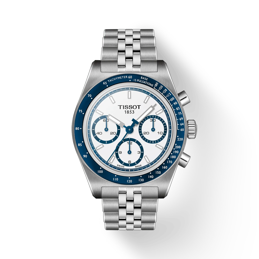 RELOJ TISSOT PRX516, AUTOMCÁTICO, ESFERA BLANCA, BRAZALETE DE ACERO, CRONCÓGRAFO, 41 MM