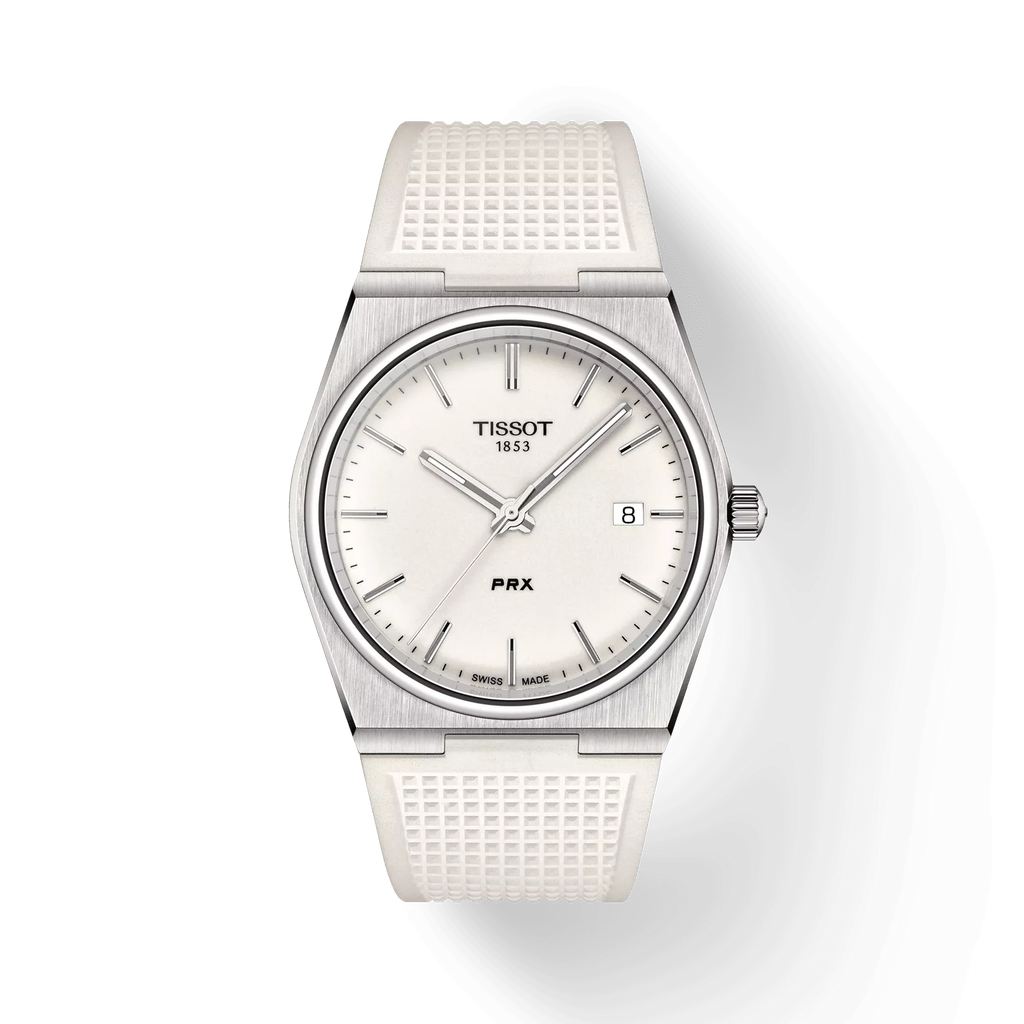 RELOJ TISSOT PRX, CUARZO, ESFERA BLANCA, FAJA DE CAUCHO BLANCA, FECHA, 40 MM