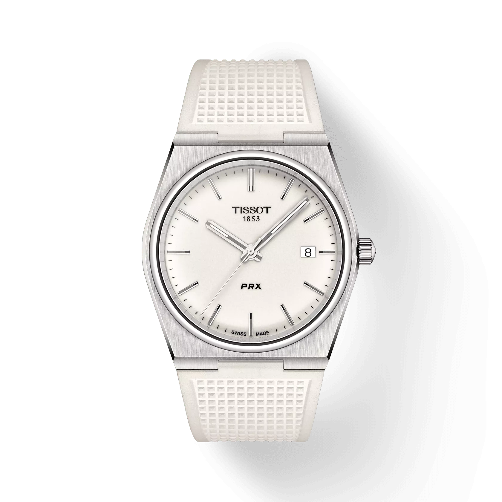 RELOJ TISSOT PRX, CUARZO, ESFERA BLANCA, FAJA DE CAUCHO BLANCA, FECHA, 40 MM