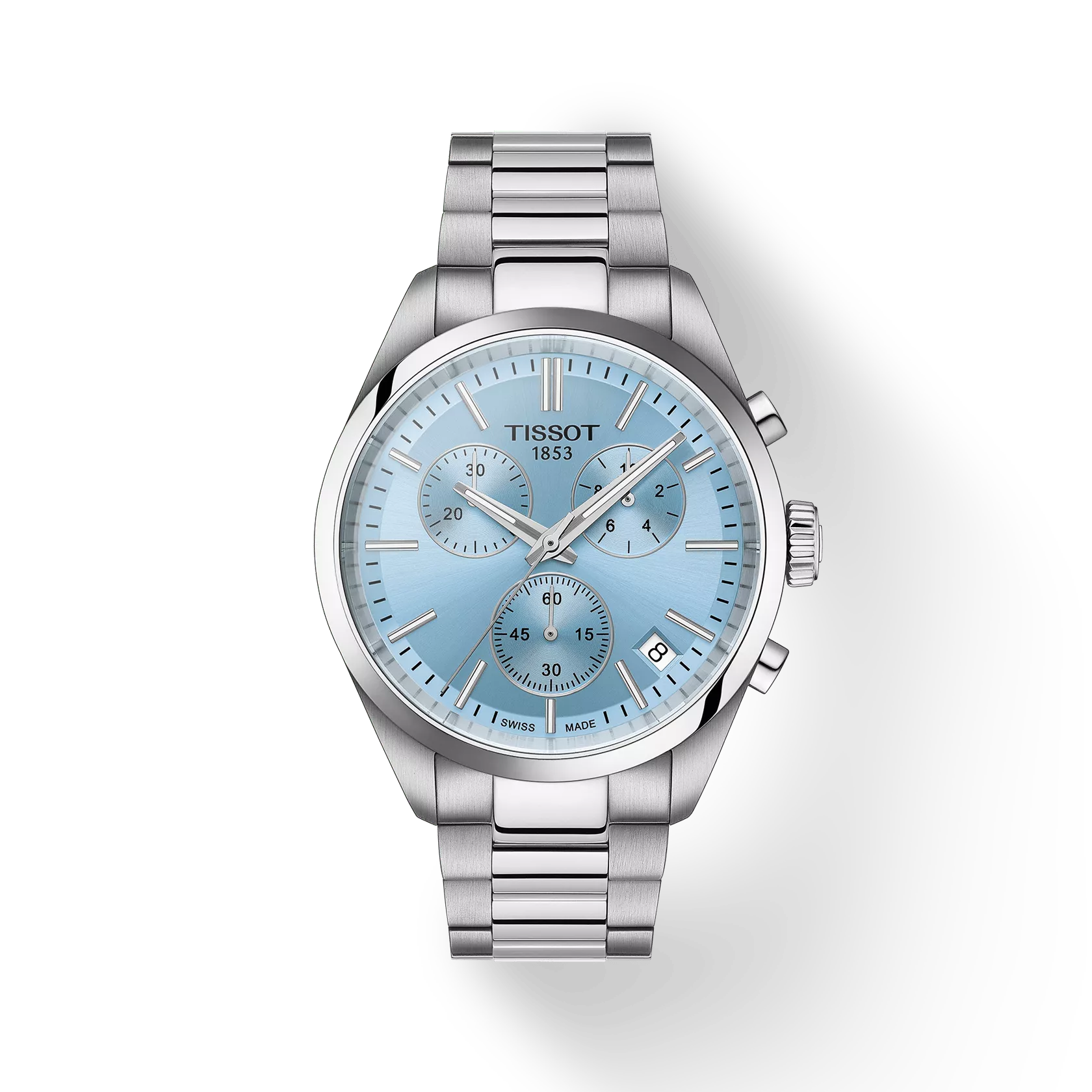 RELOJ TISSOT PR 100, CUARZO, ESFERA CELESTE, BRAZALETE DE ACERO, CRONCÓGRAFO, 40 MM